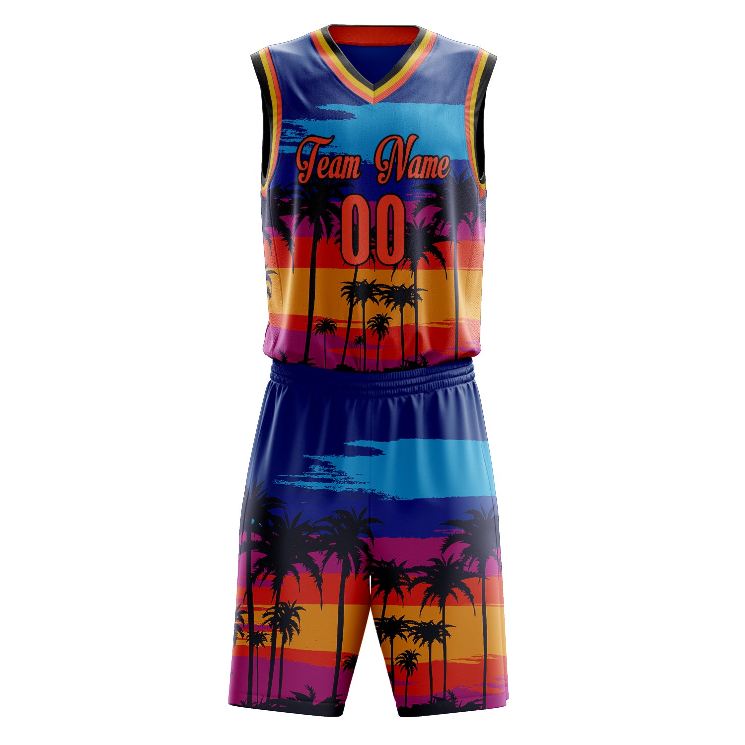 Custom Royal Orange Sunset Palm Leaves Basketball Set