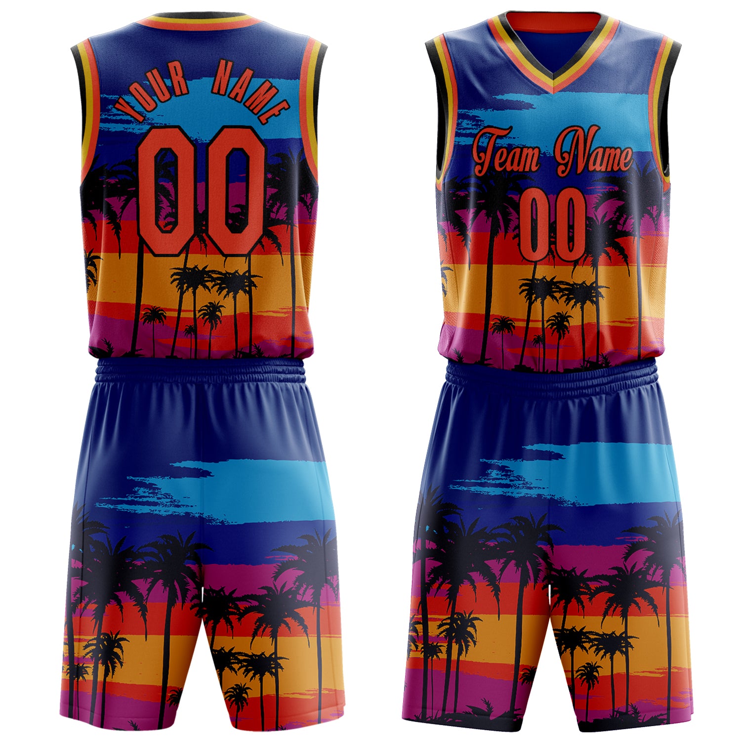 Custom Royal Orange Sunset Palm Leaves Basketball Set