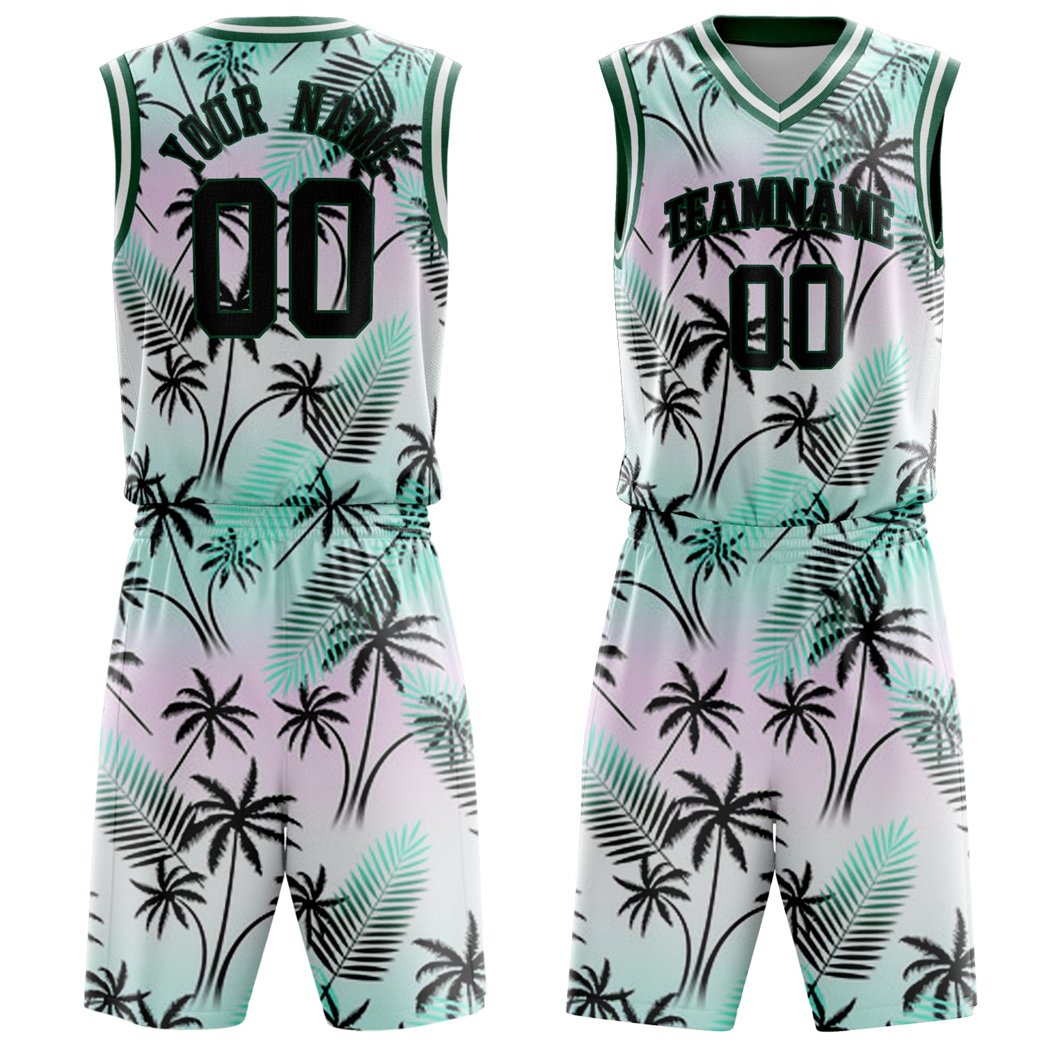 Custom Black Black Tropical Hawaii Palm Leaves Basketball Set