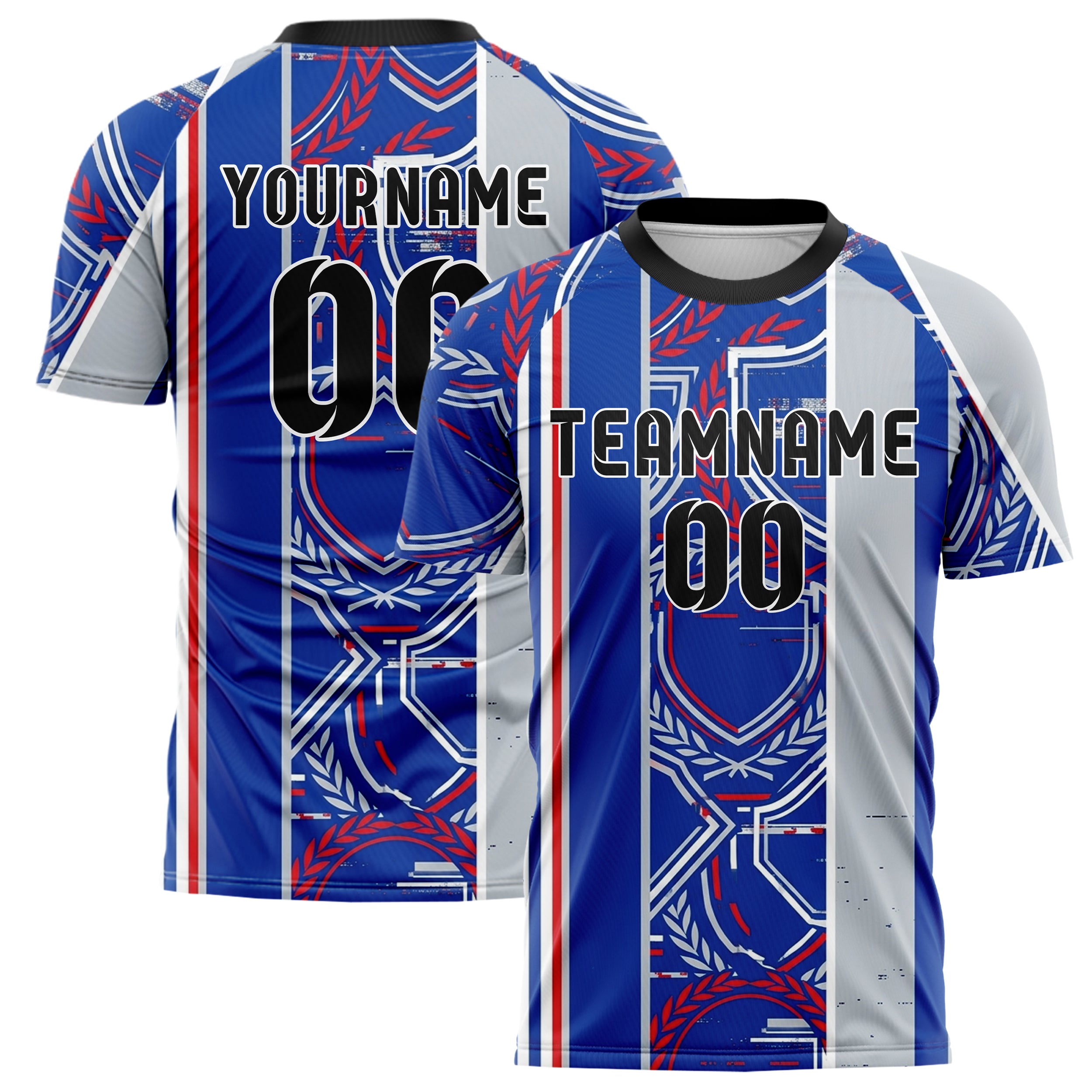 Royal Blue White Red Silver Crest Fragment Lattice Custom Soccer Jersey