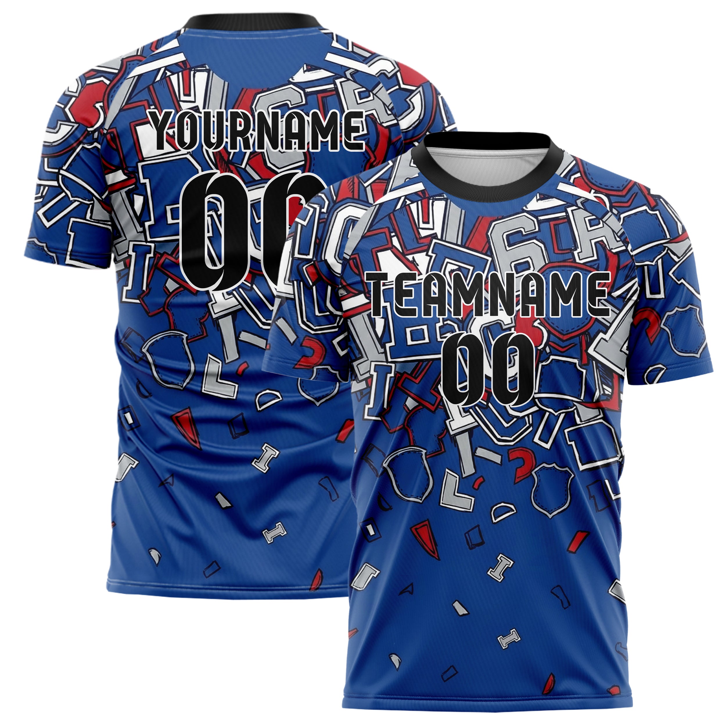 Royal Blue White Red Silver Campus Patch Collage Custom Soccer Jersey