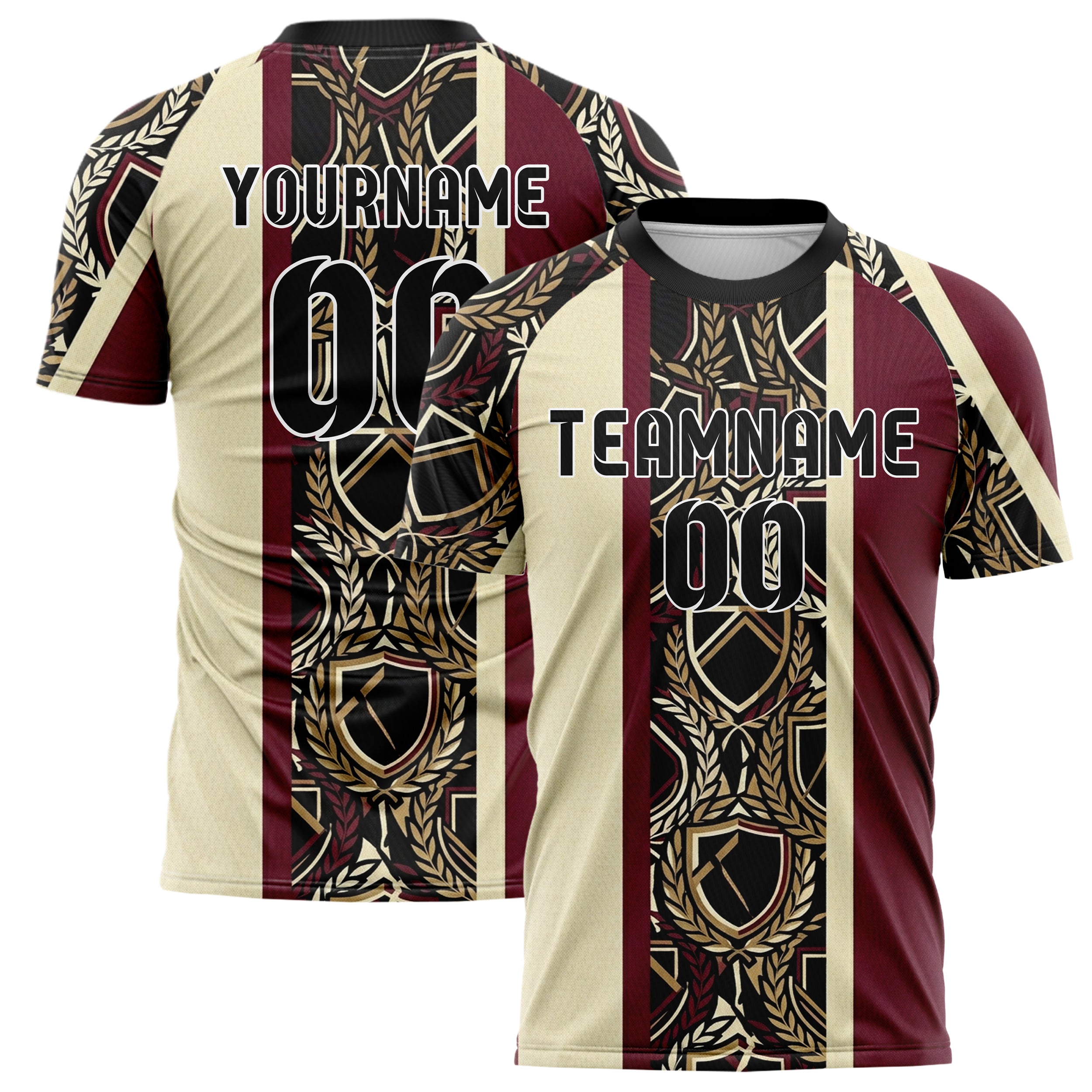 Black Gold Cream Burgundy Crest Fragment Lattice Custom Soccer Jersey