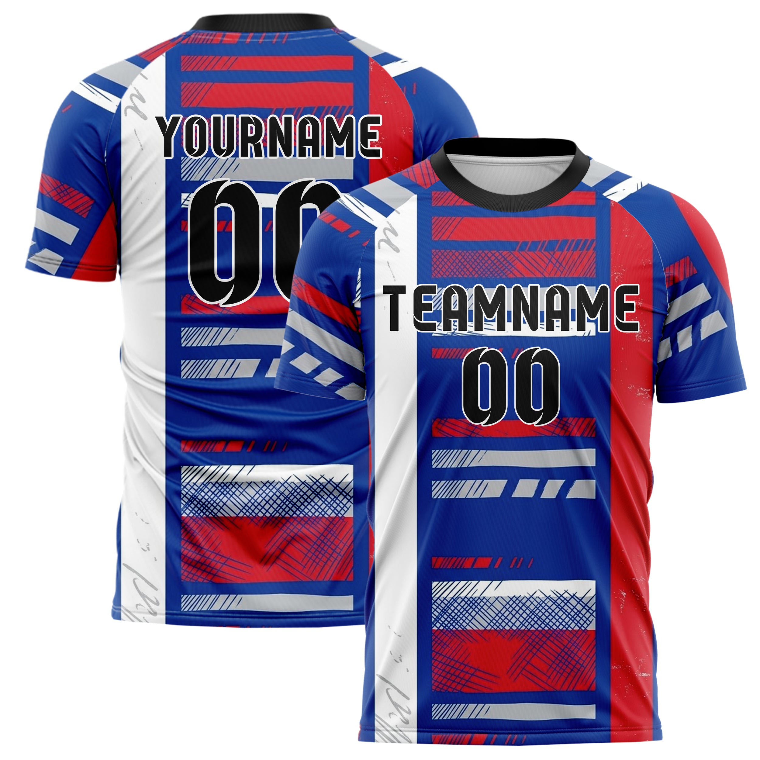 Royal Blue White Red Silver Rugby Band Architecture Custom Soccer Jersey