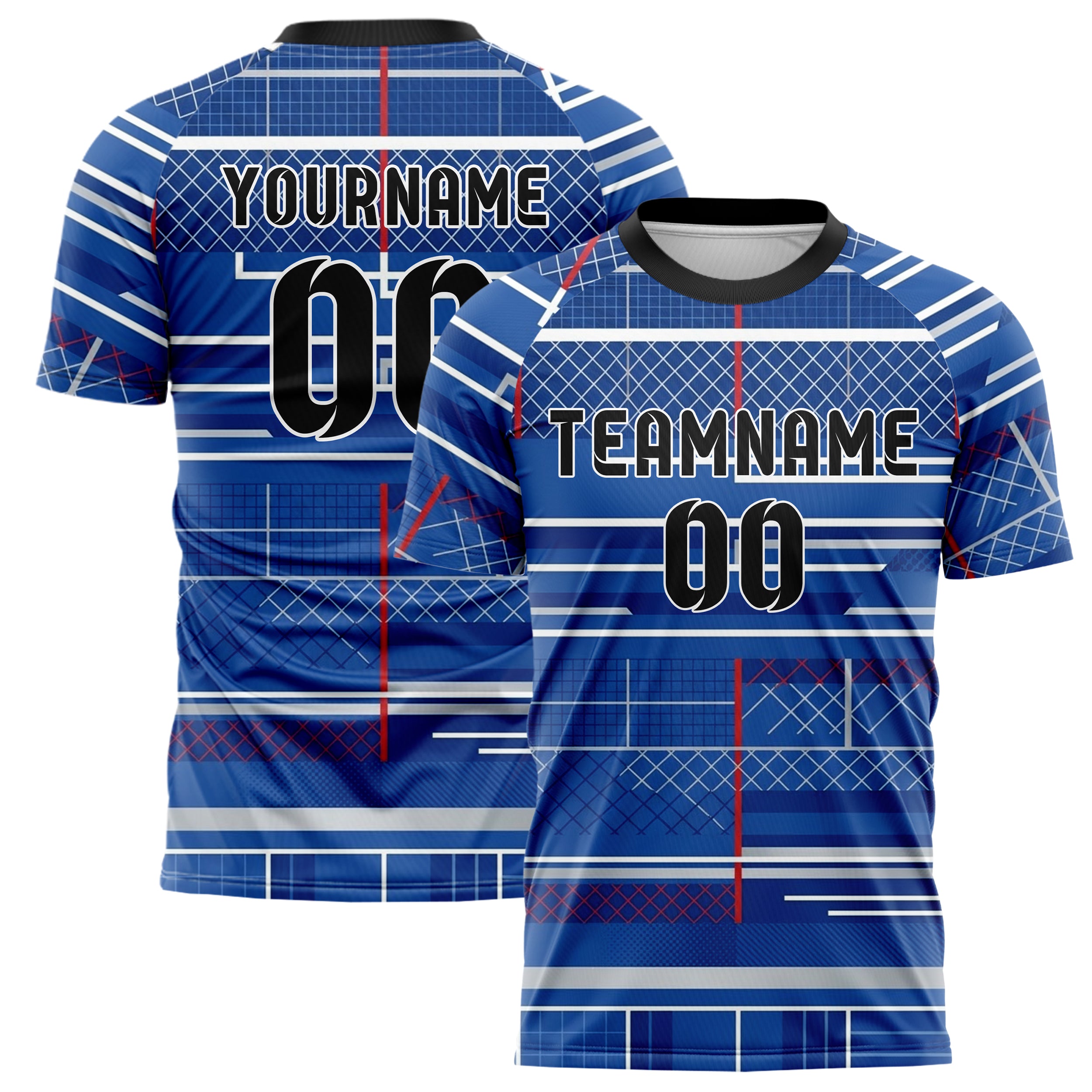 Royal Blue White Red Silver Tennis Club Grid Order Custom Soccer Jersey
