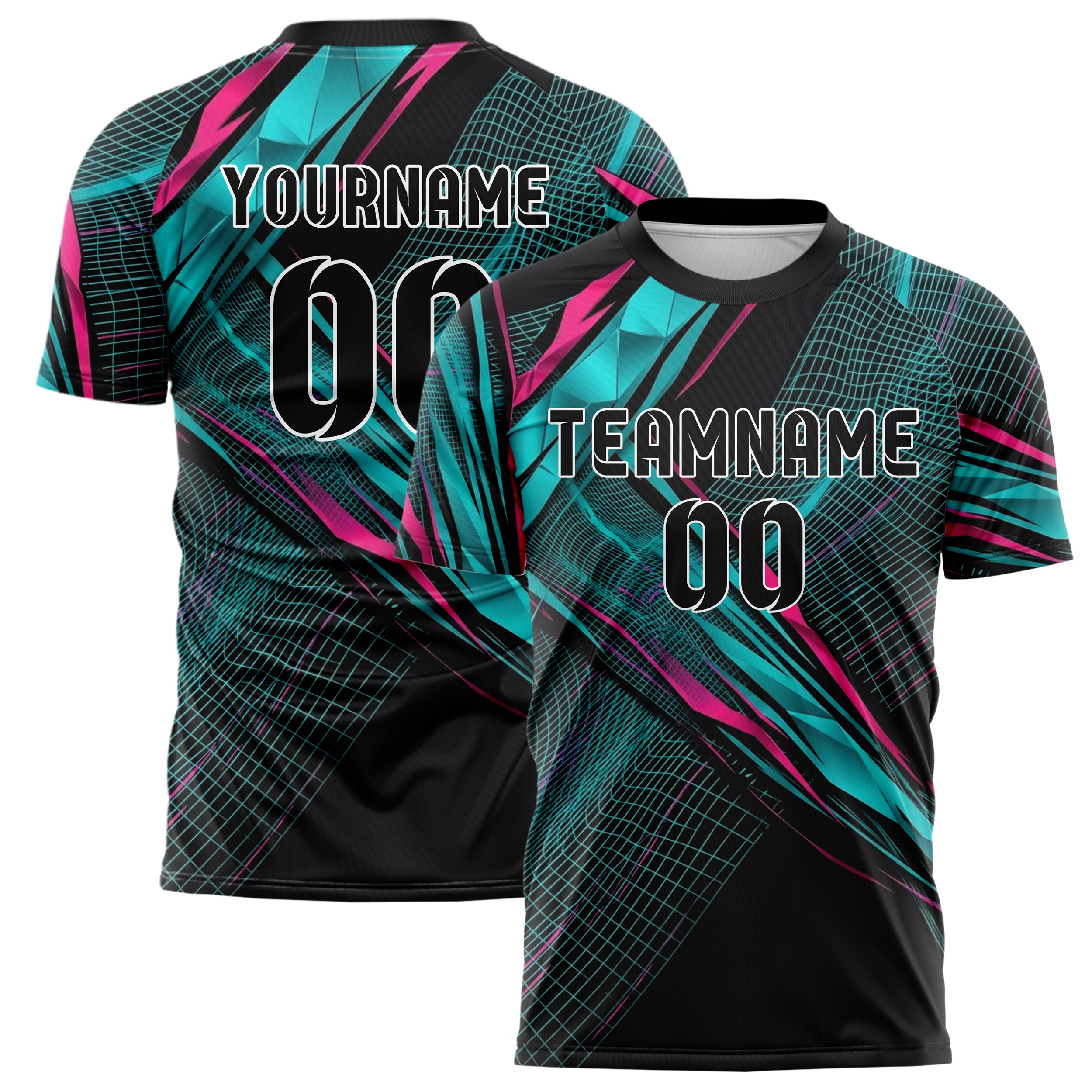 Black Cyan Magenta Holographic Mesh Grid Custom Soccer Jersey