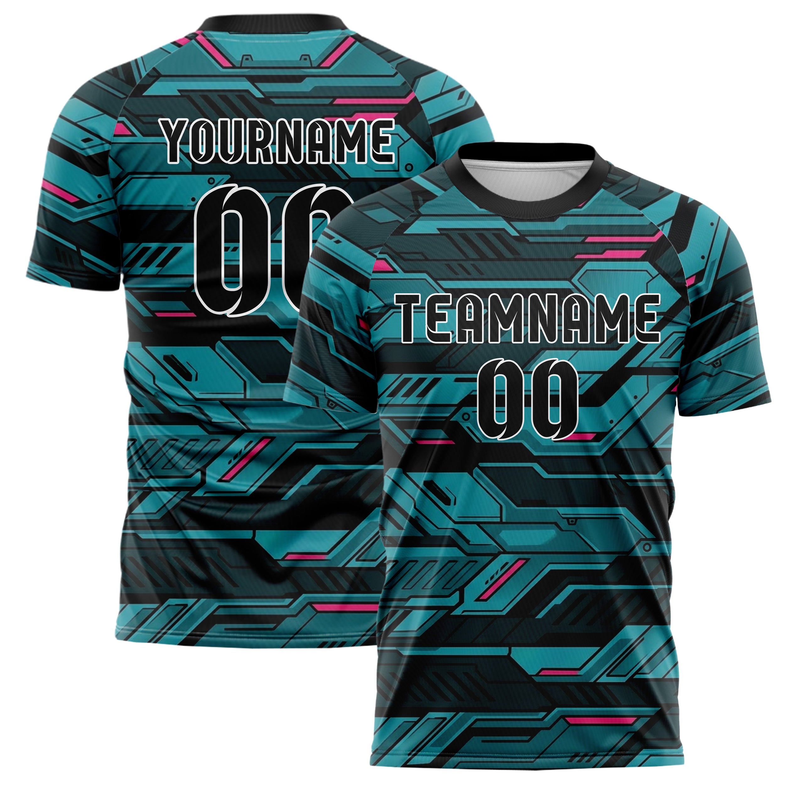Black Cyan Magenta Mecha Armor Panel Custom Soccer Jersey