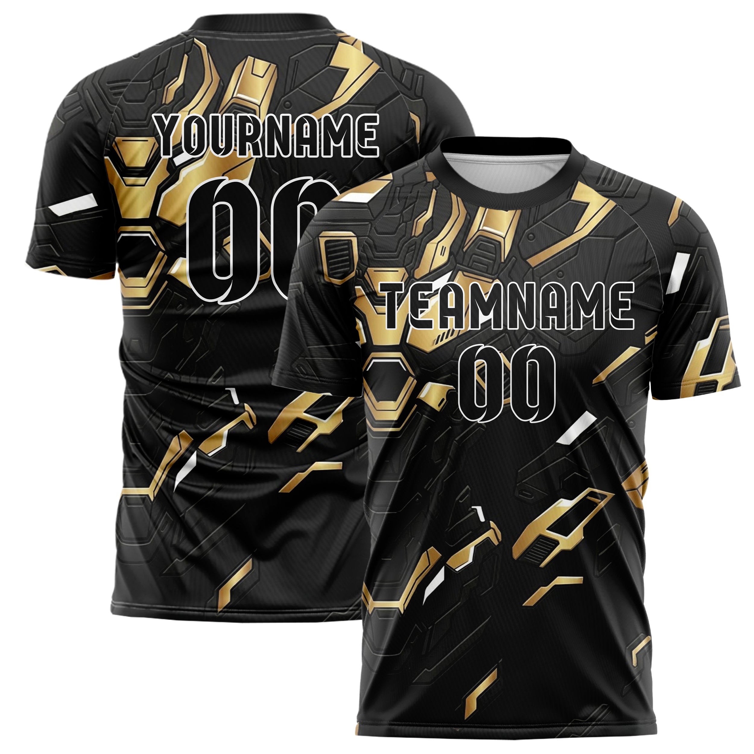 Black Gold White Mecha Armor Panel Custom Soccer Jersey