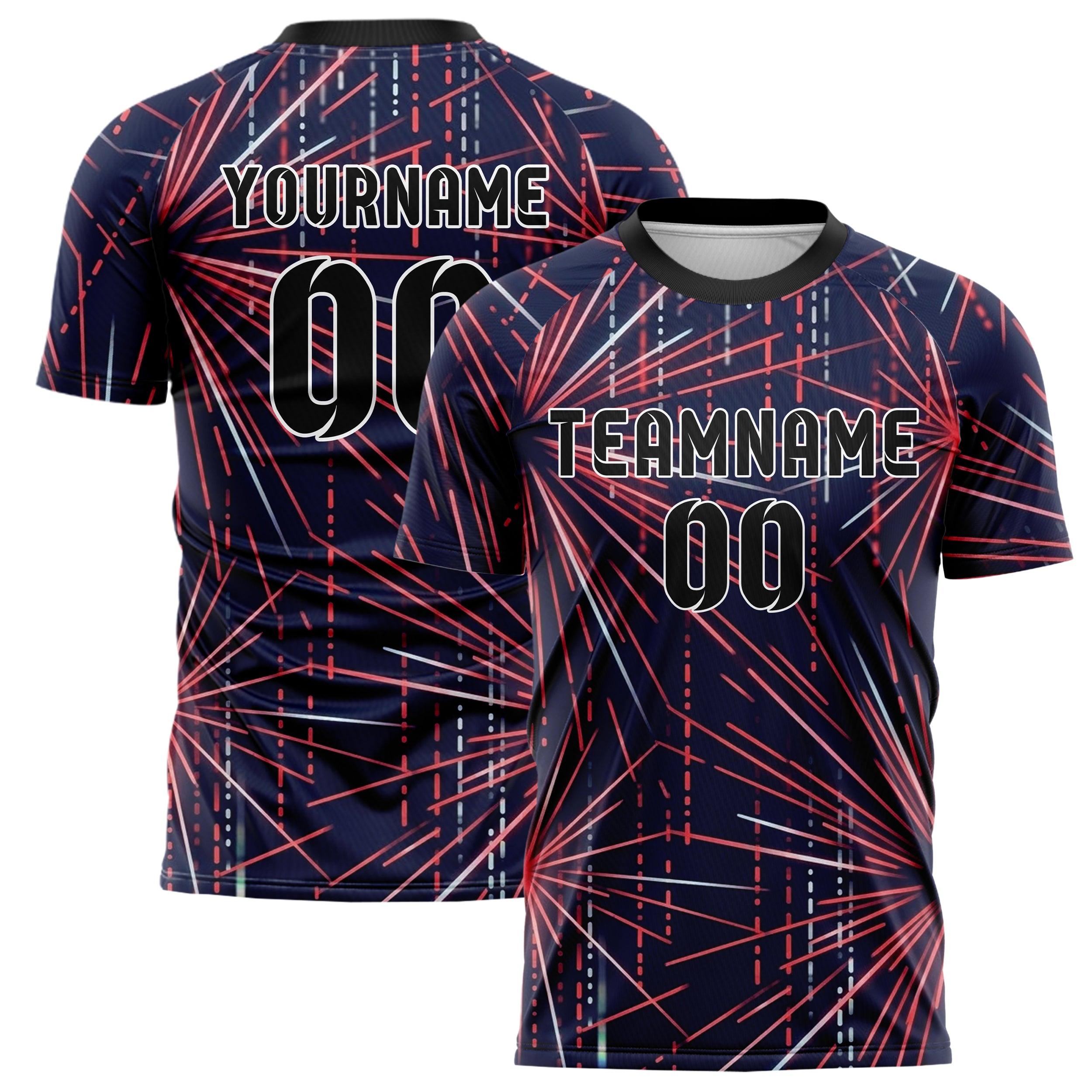 Dark Blue Red Neon Binary Rain Cascade Custom Soccer Jersey