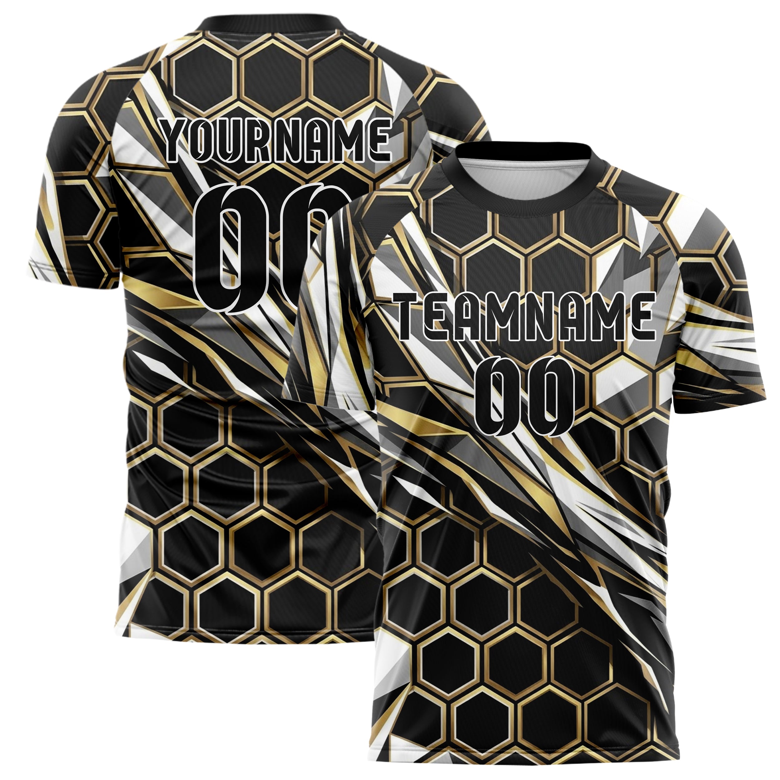 Black White Grey Black Gold Geometric Custom Soccer Jersey