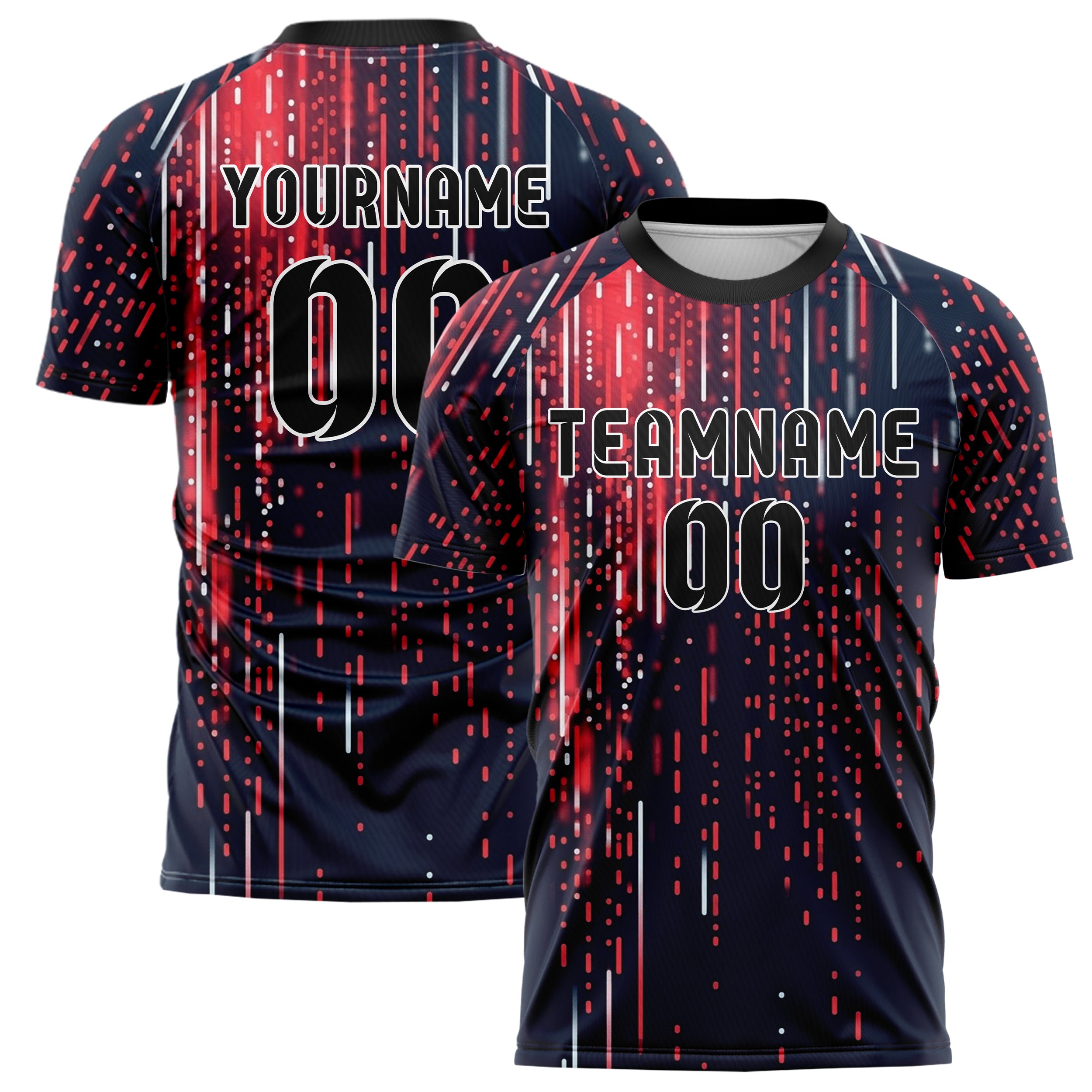 Dark Blue Red Neon Binary Rain Cascade Custom Soccer Jersey