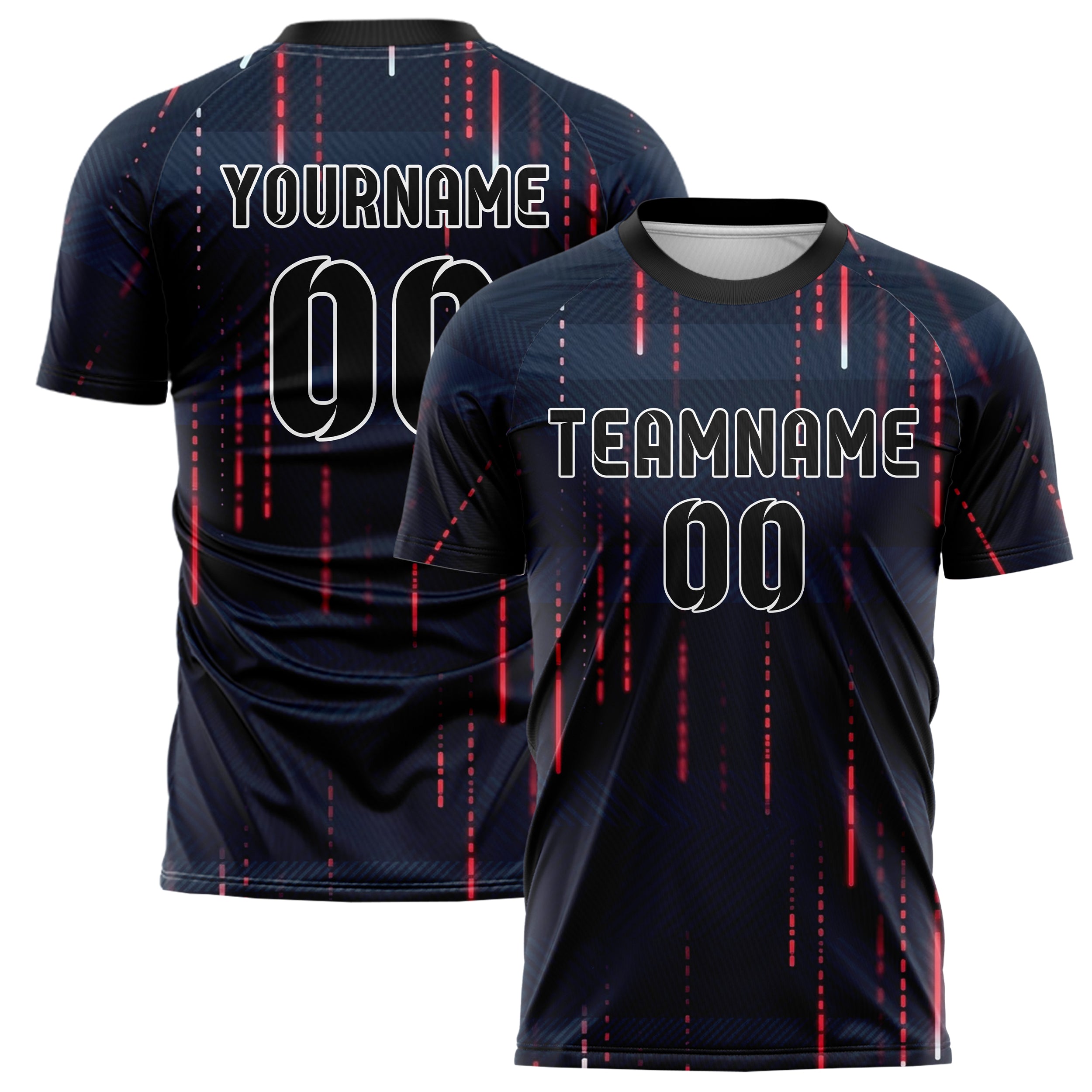 Dark Blue Red Neon Binary Rain Cascade Custom Soccer Jersey