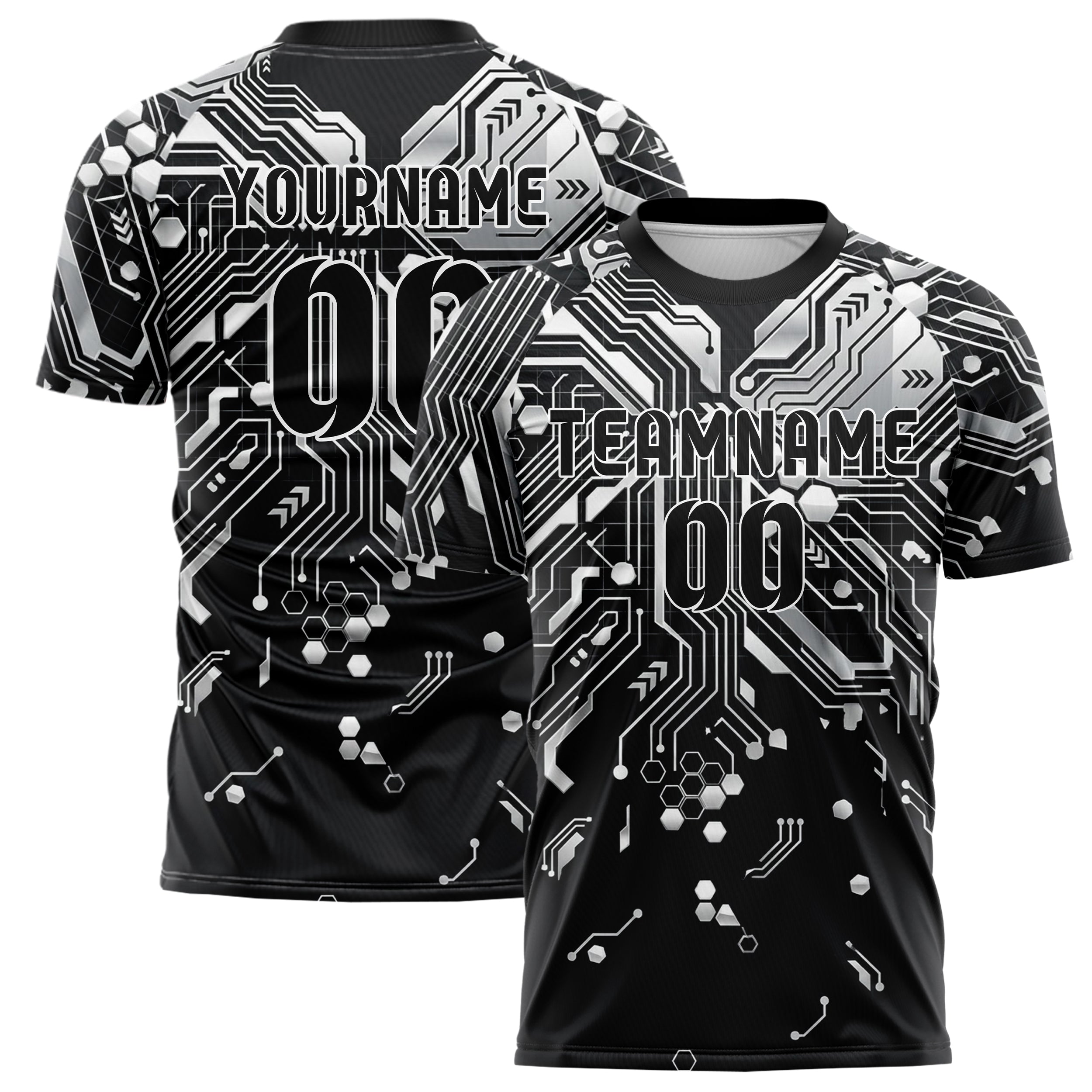 Black White Grey Circuit Board Network Custom Soccer Jersey