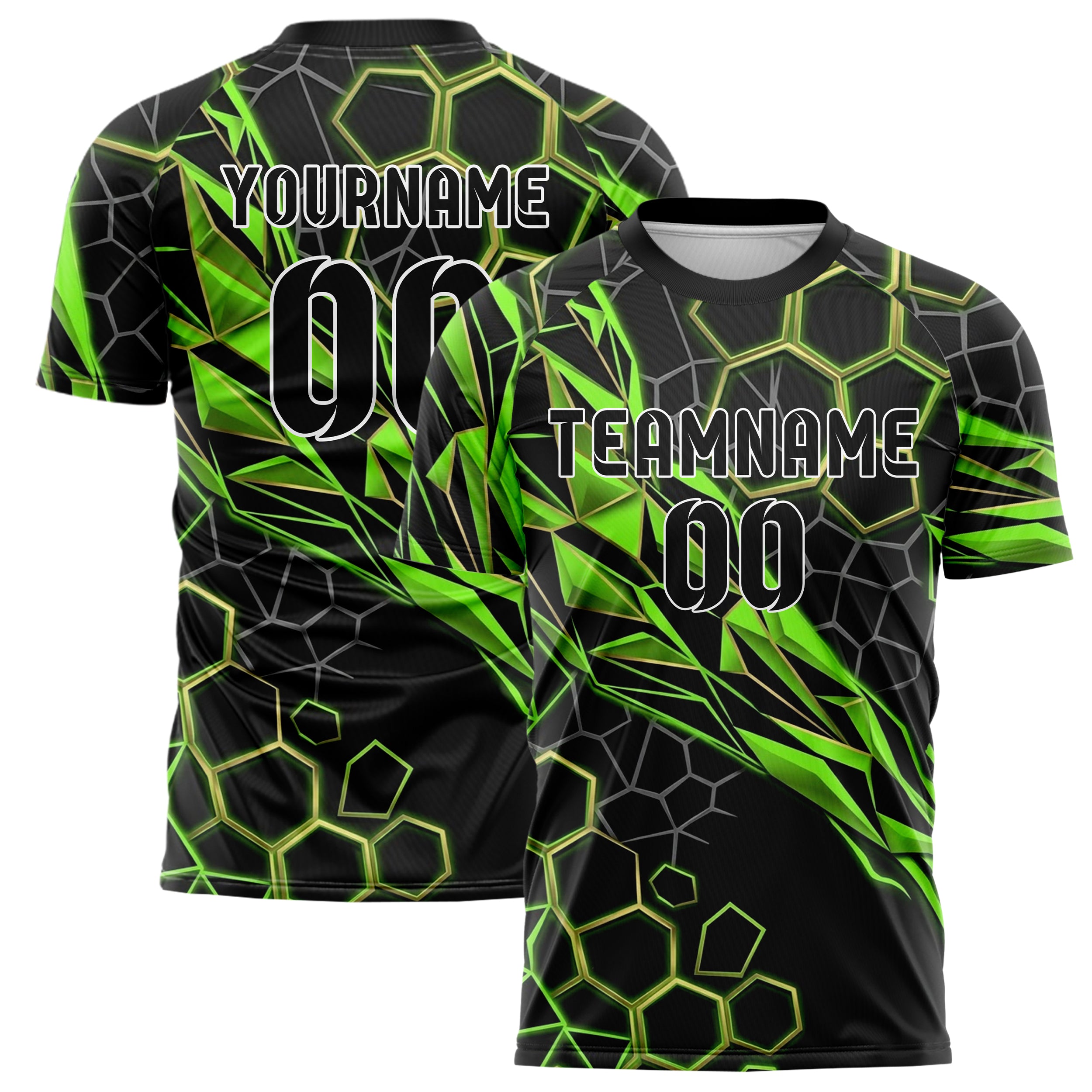 Black Neon Green Grey Black Gold Geometric Custom Soccer Jersey