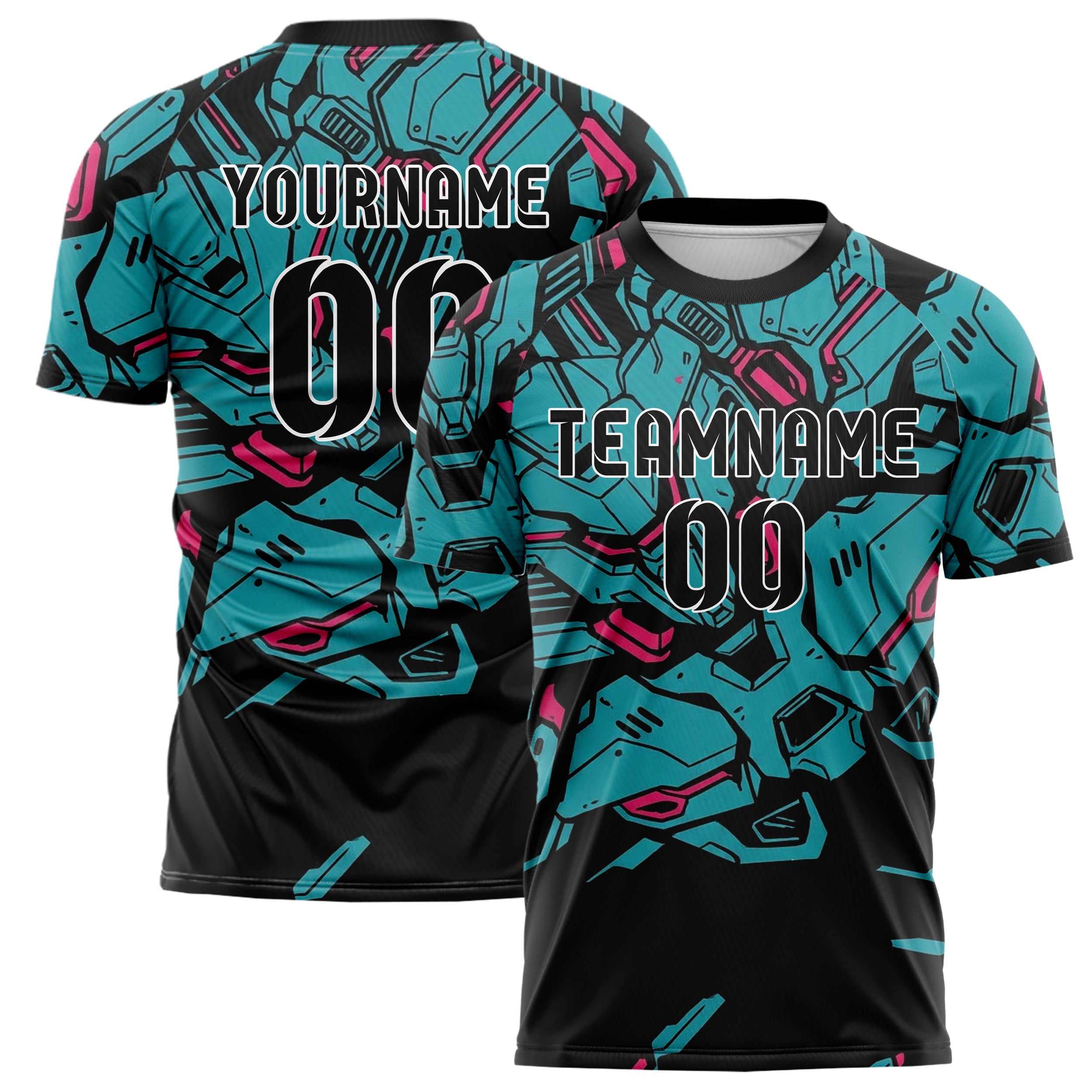 Black Cyan Magenta Mecha Armor Panel Custom Soccer Jersey
