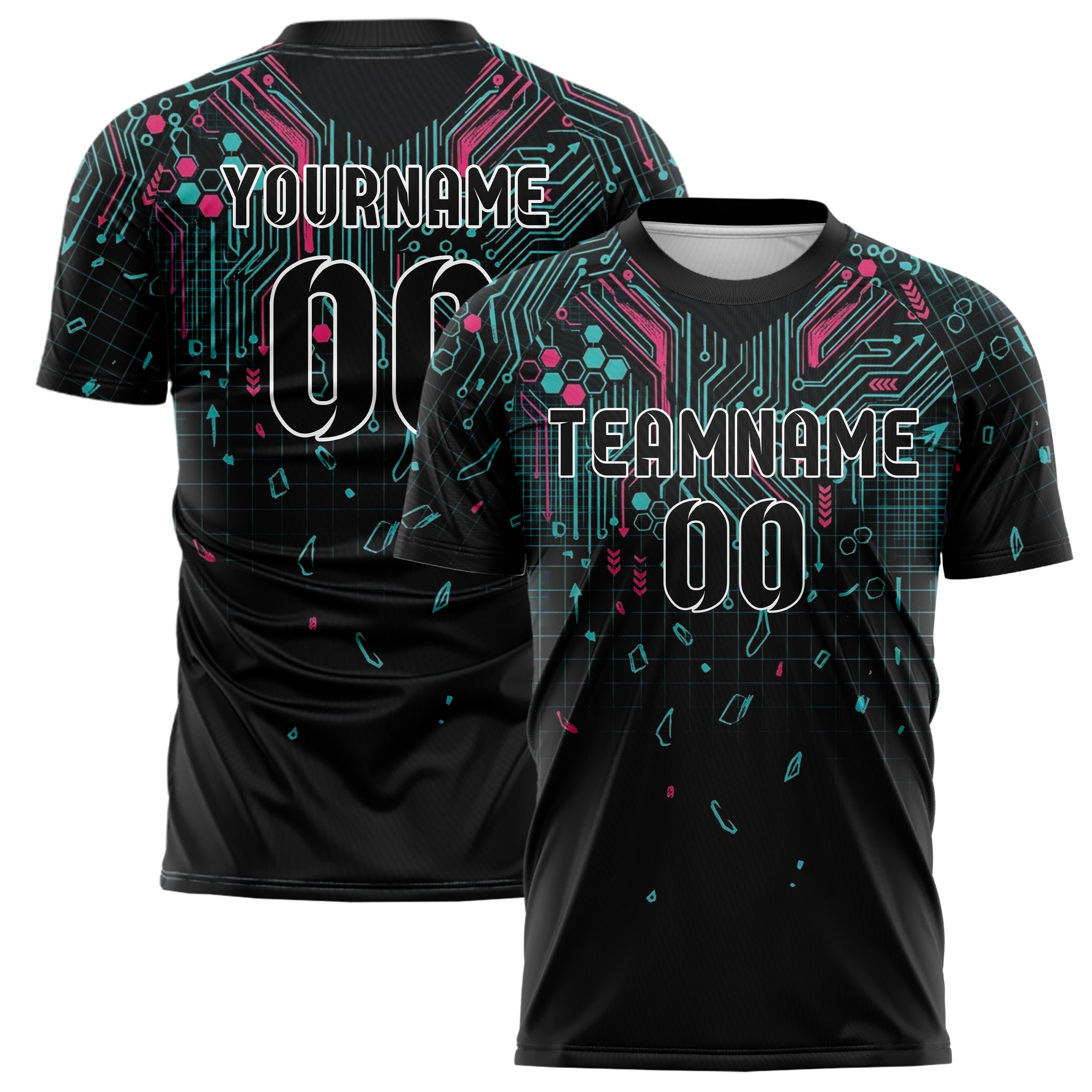 Black Cyan Magenta Circuit Board Network Custom Soccer Jersey