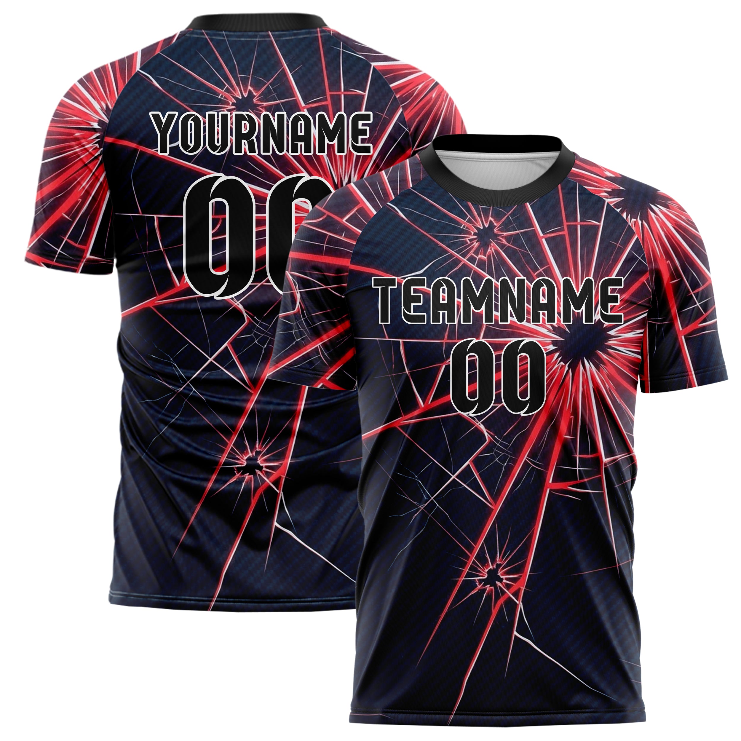 Dark Blue Red Neon Shattered Screen Crack Custom Soccer Jersey