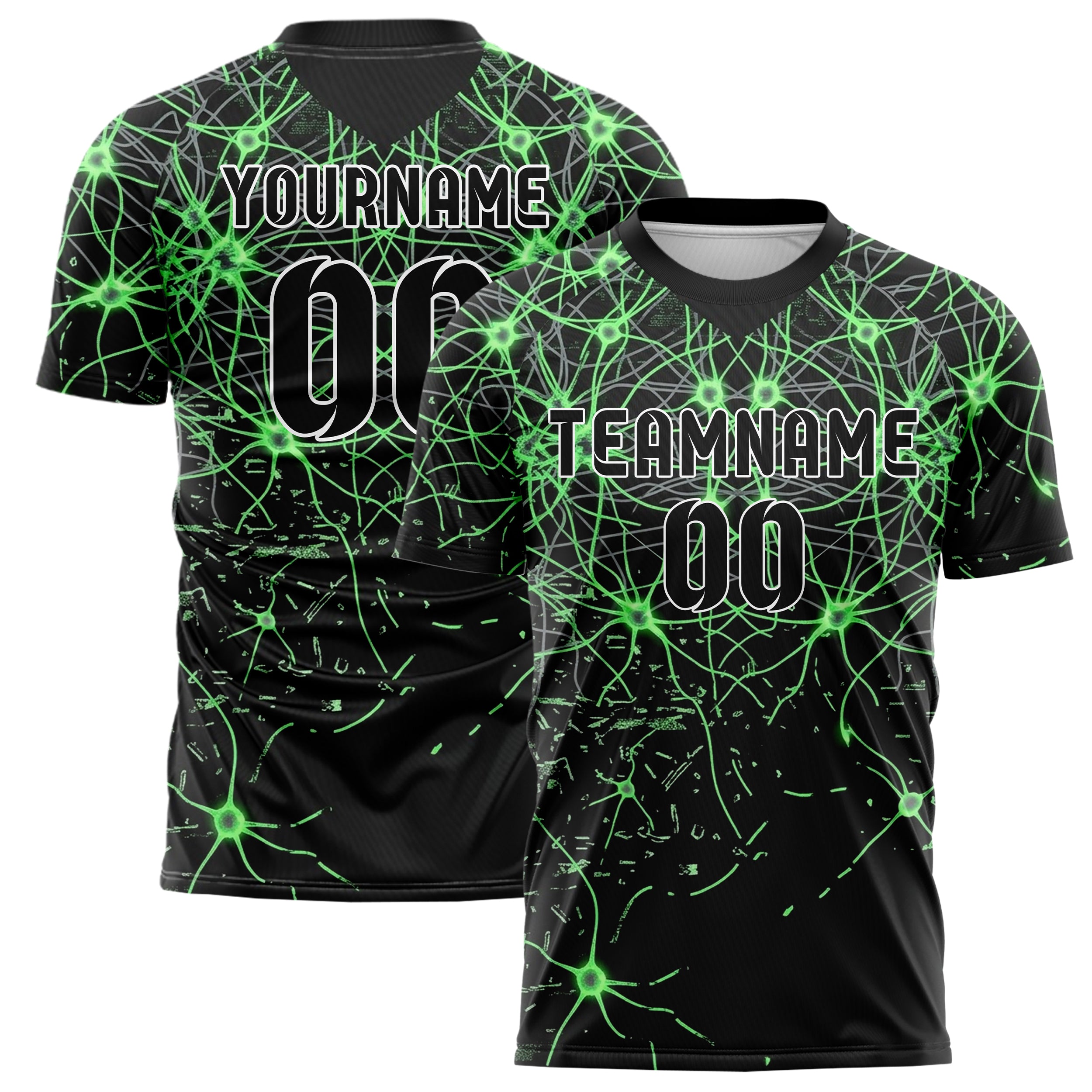 Black Neon Green Grey Neural Network Web Custom Soccer Jersey