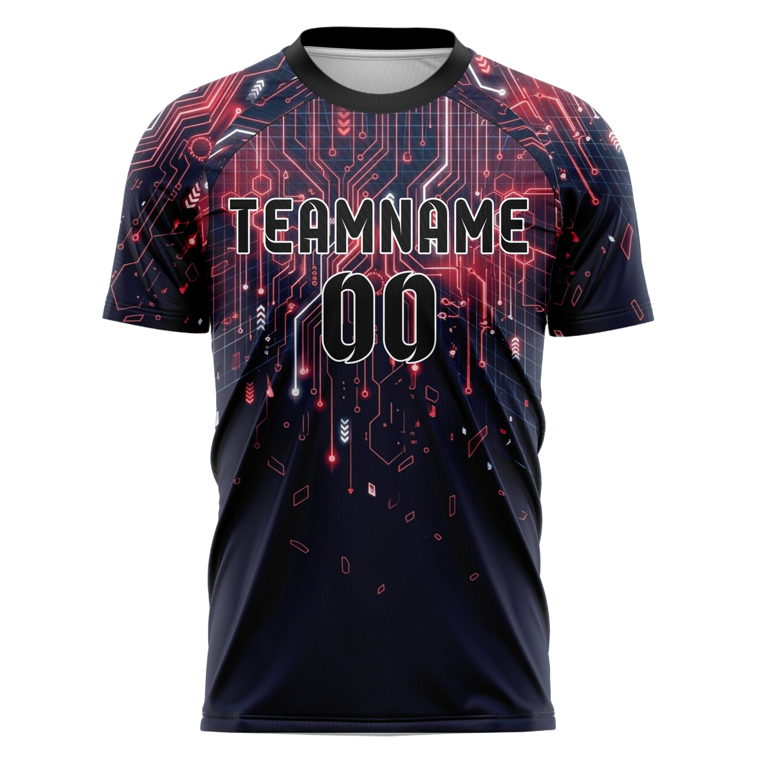 Dark Blue Red Neon Circuit Board Network Custom Soccer Jersey