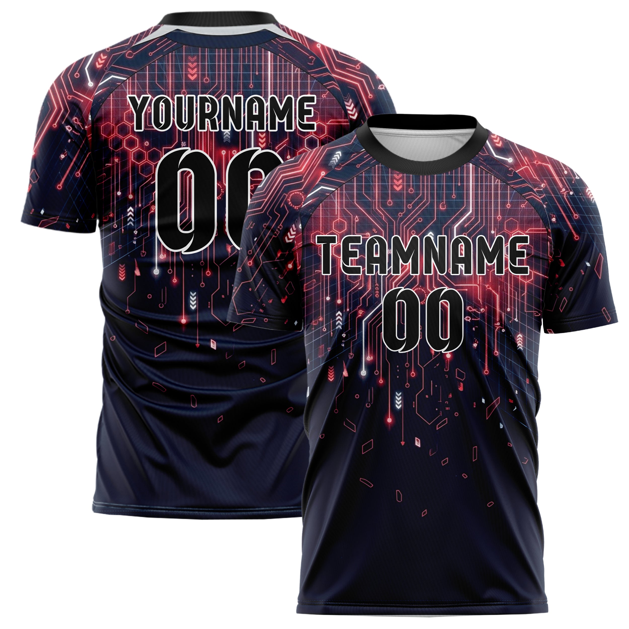 Dark Blue Red Neon Circuit Board Network Custom Soccer Jersey