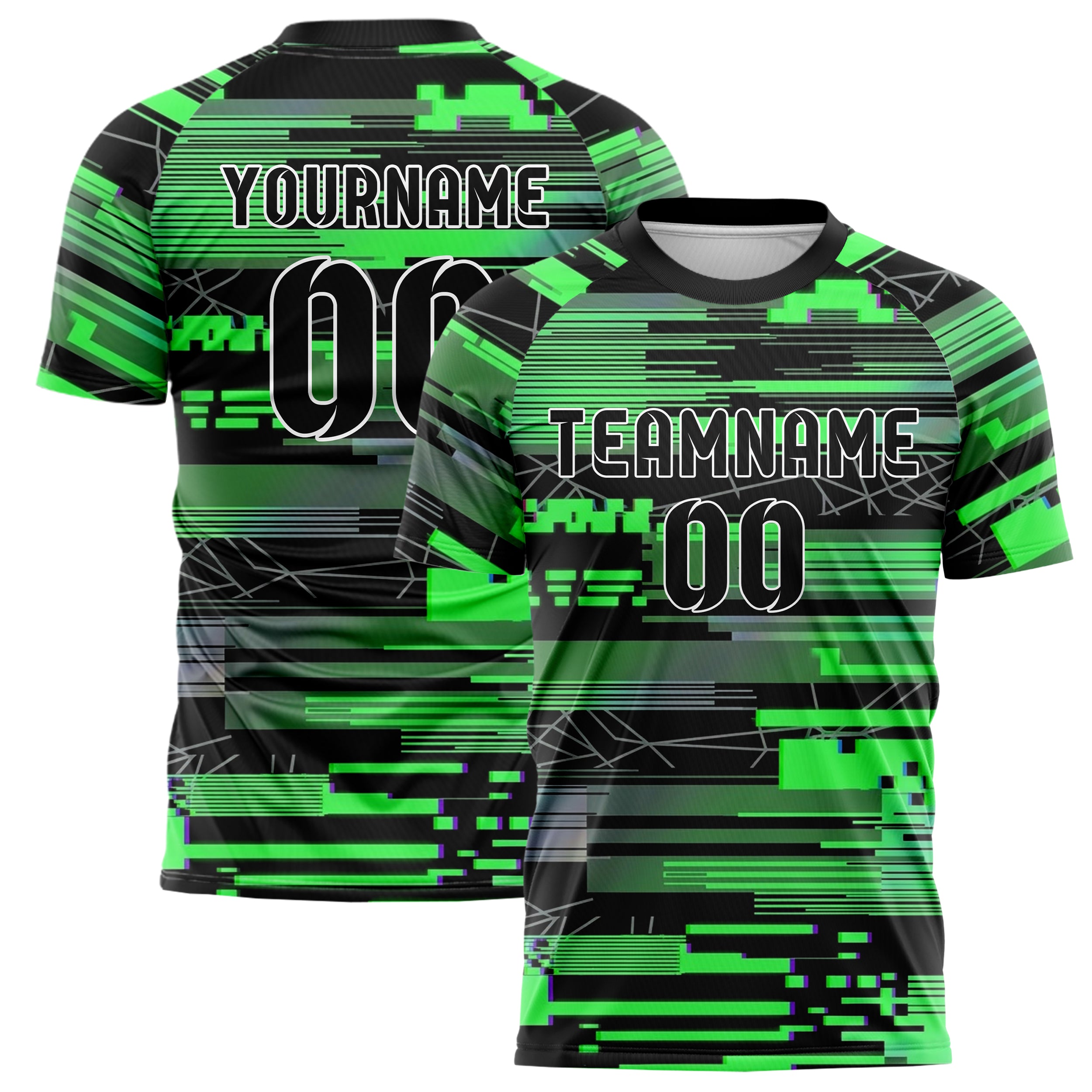 Black Neon Green Grey Glitch Data Stream Custom Soccer Jersey