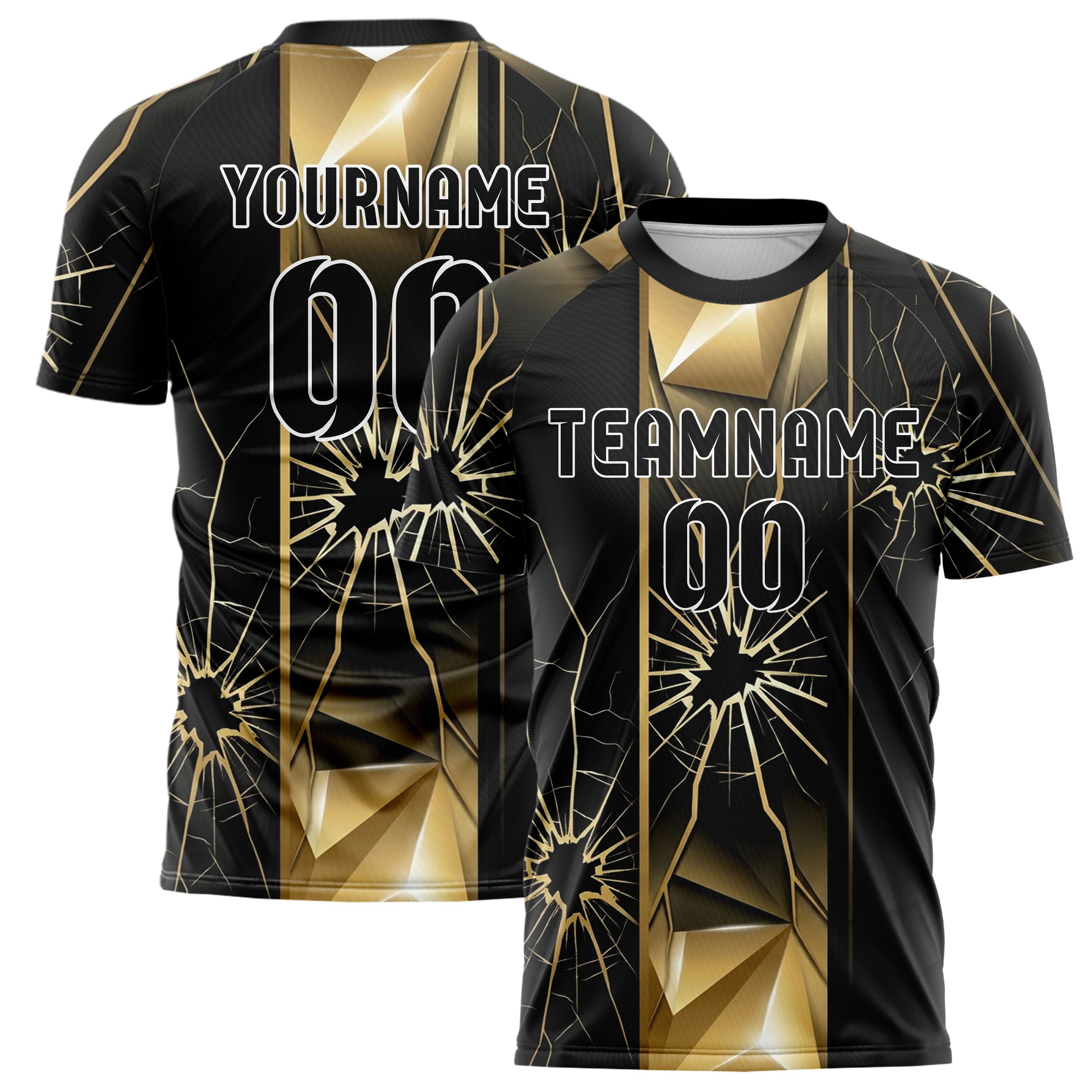 Black Gold White Shattered Screen Crack Custom Soccer Jersey