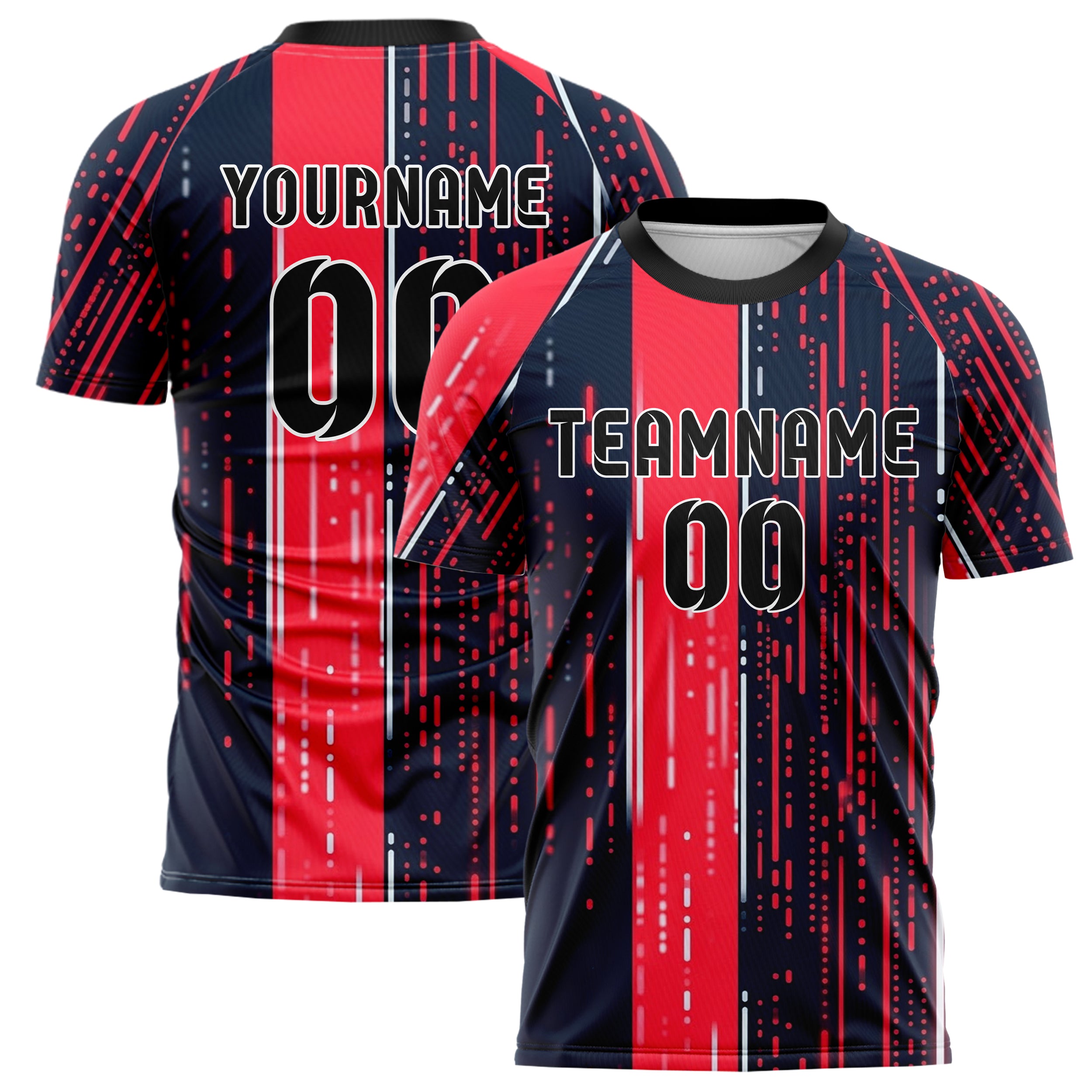 Dark Blue Red Neon Binary Rain Cascade Custom Soccer Jersey