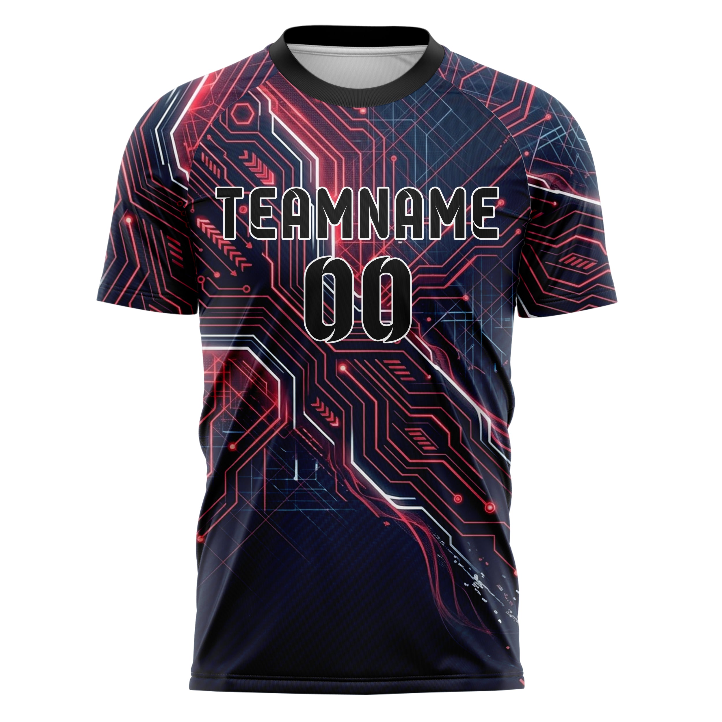 Dark Blue Red Neon Circuit Board Network Custom Soccer Jersey
