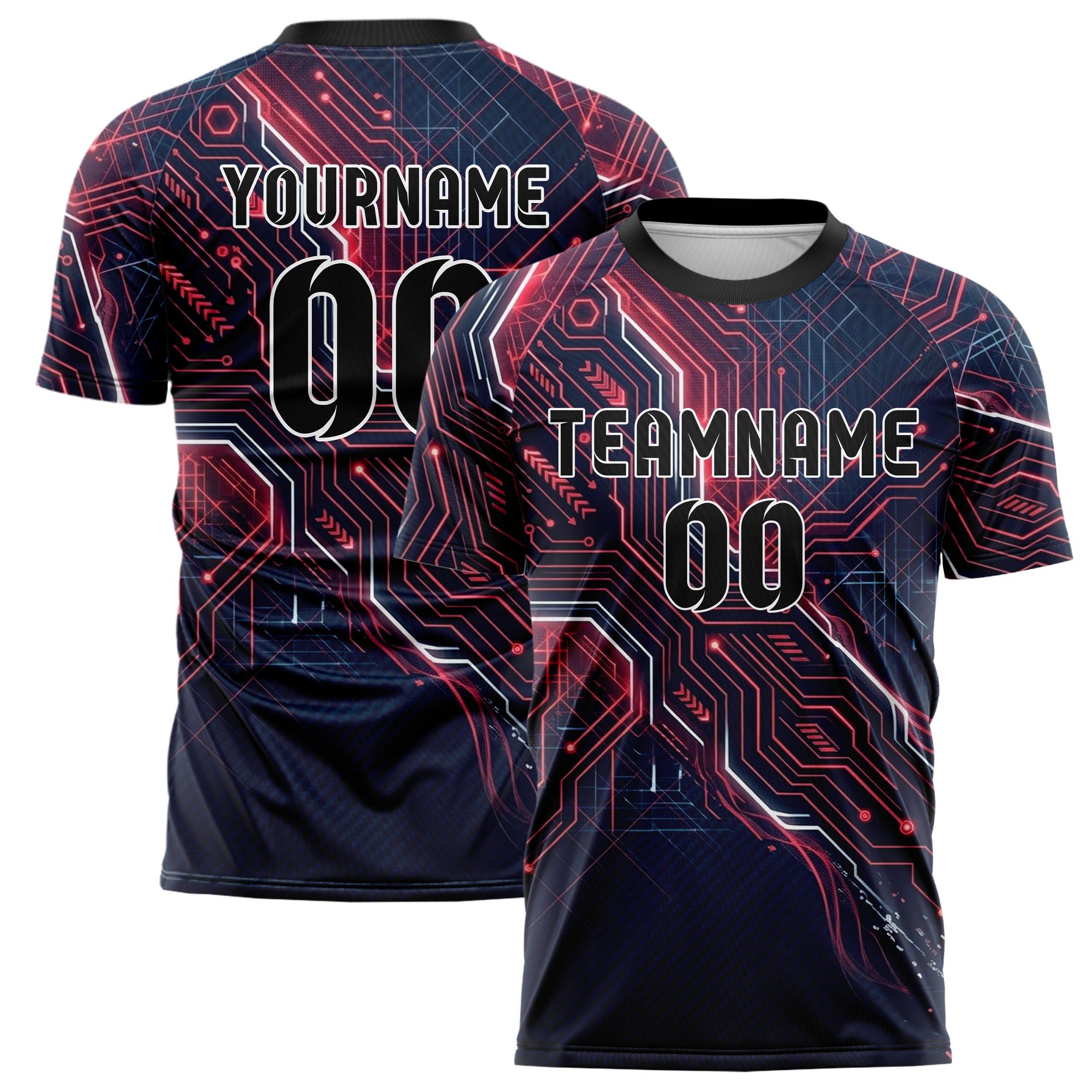 Dark Blue Red Neon Circuit Board Network Custom Soccer Jersey