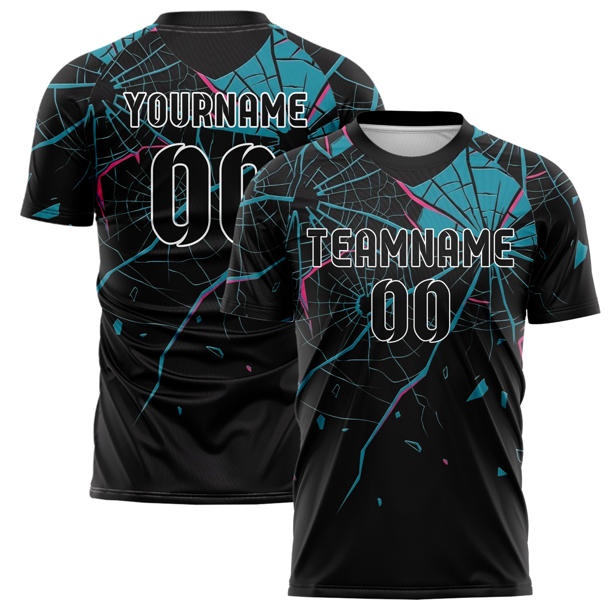 Black Cyan Magenta Shattered Screen Crack Custom Soccer Jersey
