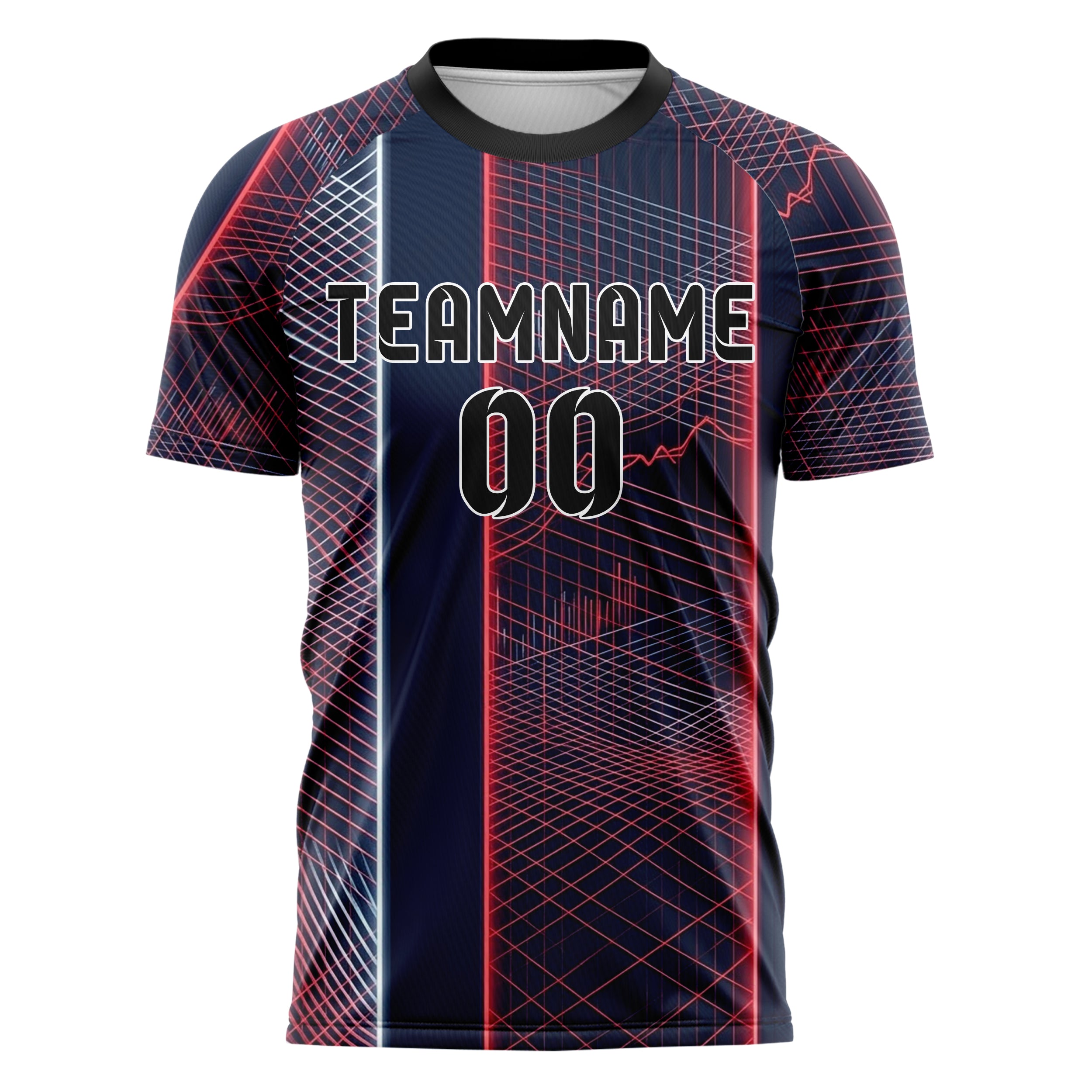 Dark Blue Red Neon Holographic Mesh Grid Custom Soccer Jersey