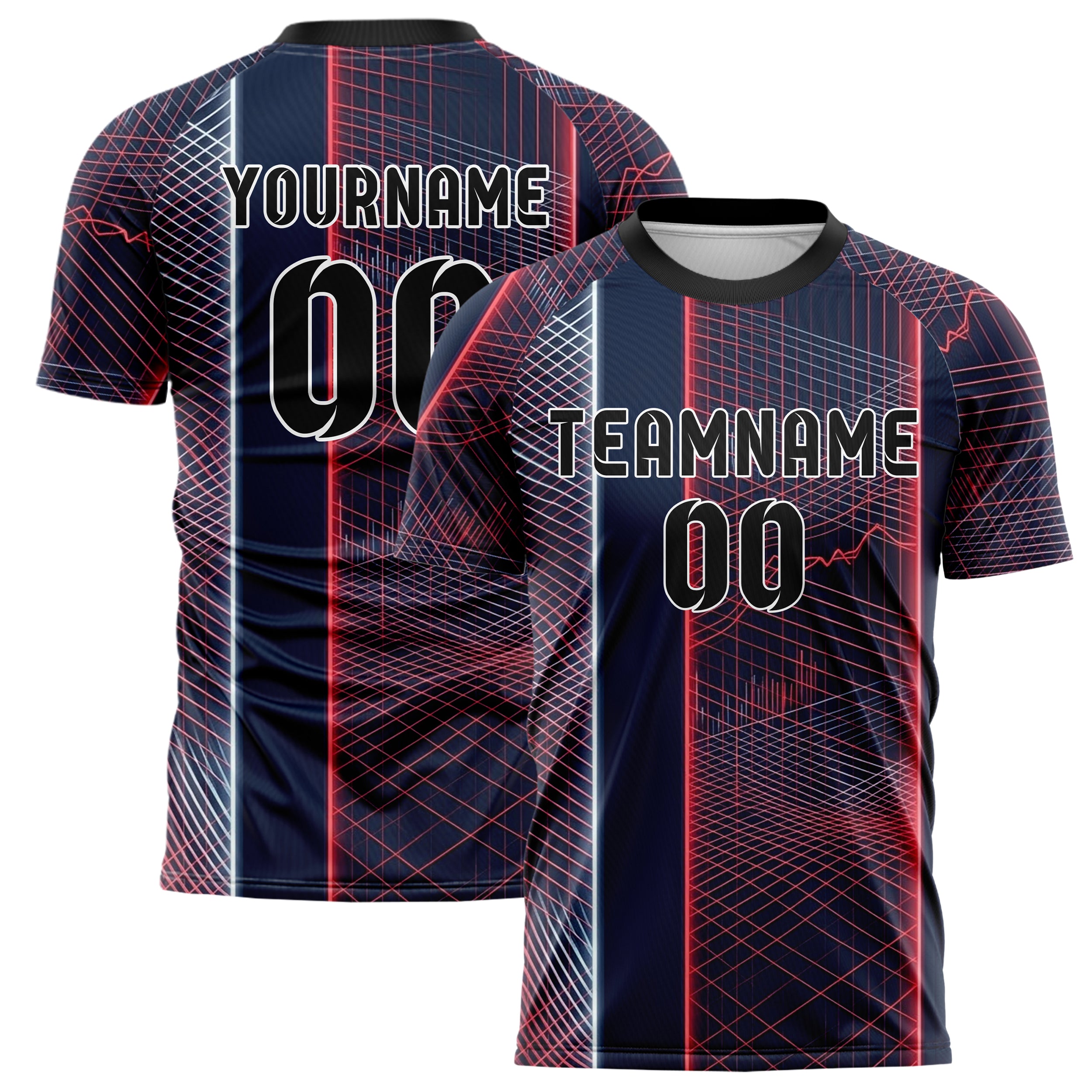 Dark Blue Red Neon Holographic Mesh Grid Custom Soccer Jersey