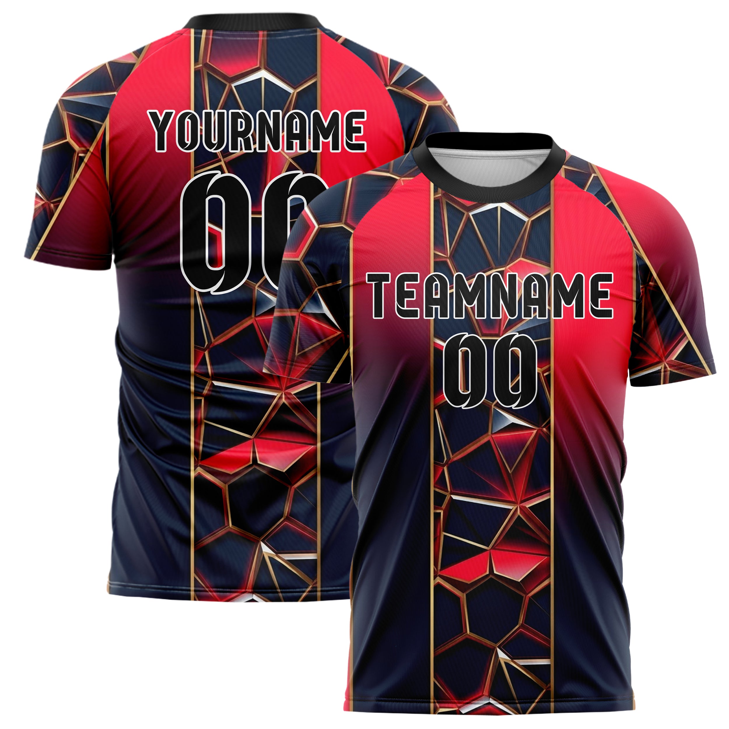 Dark Blue Red Neon Black Gold Geometric Custom Soccer Jersey