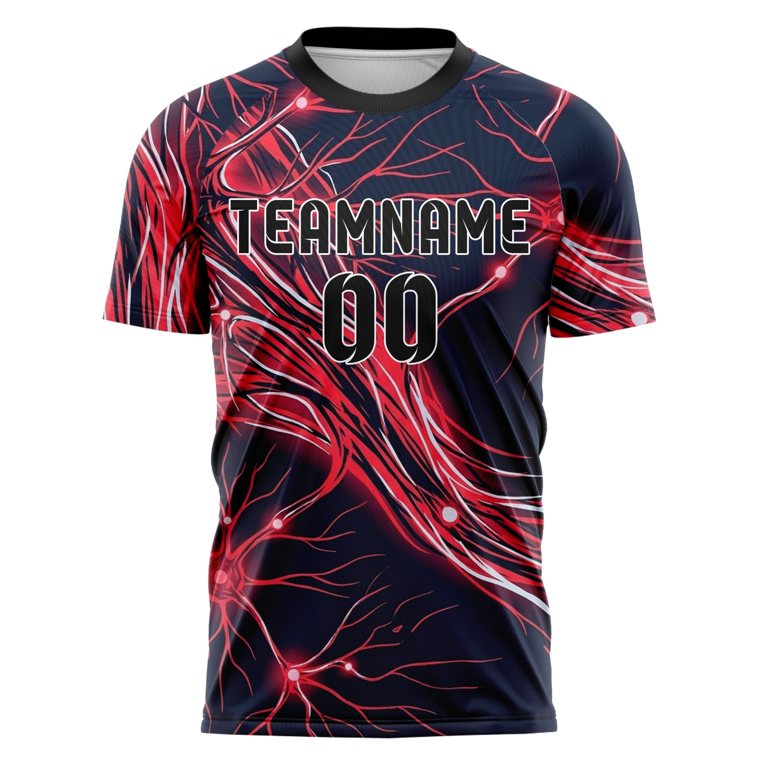 Dark Blue Red Neon Neural Network Web Custom Soccer Jersey