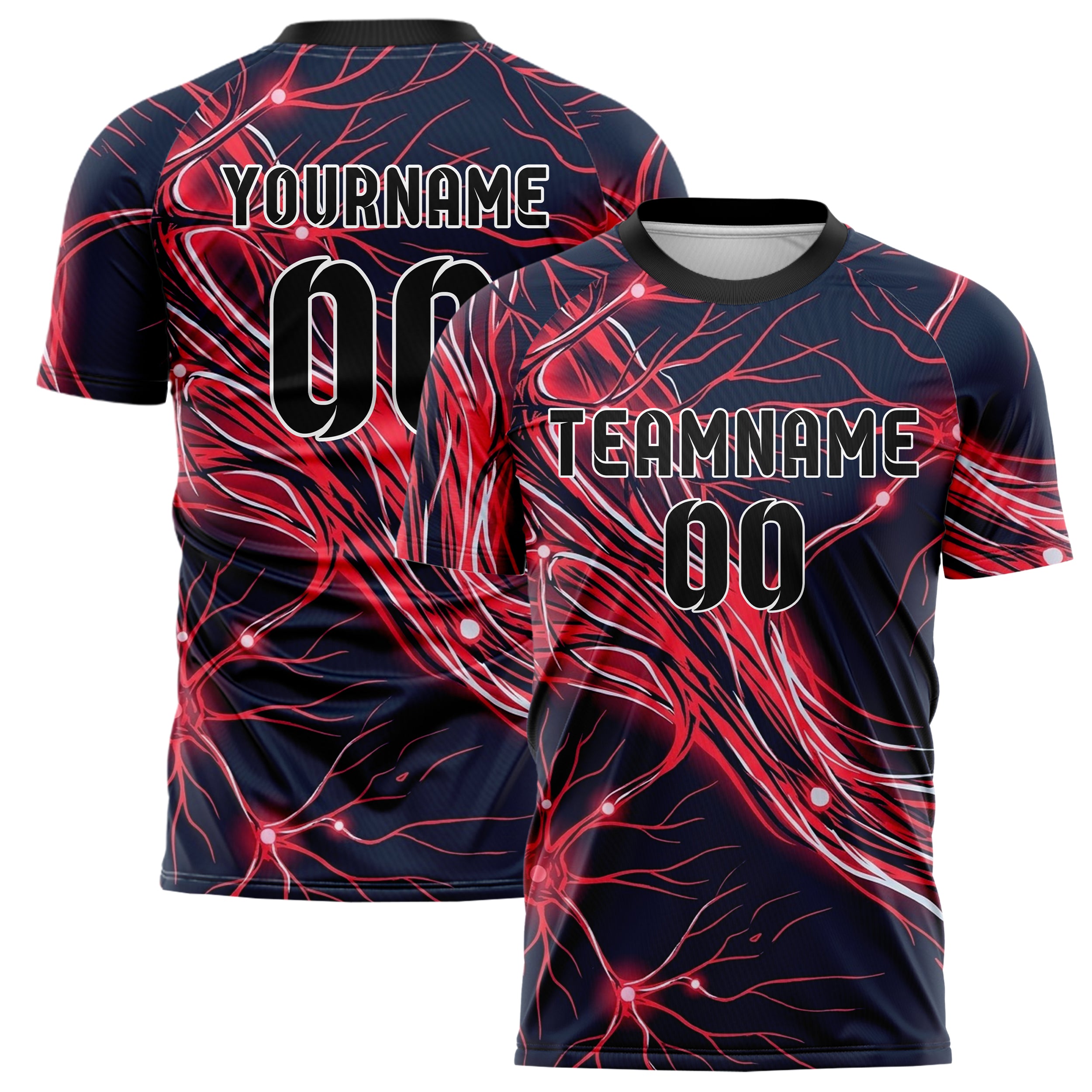 Dark Blue Red Neon Neural Network Web Custom Soccer Jersey