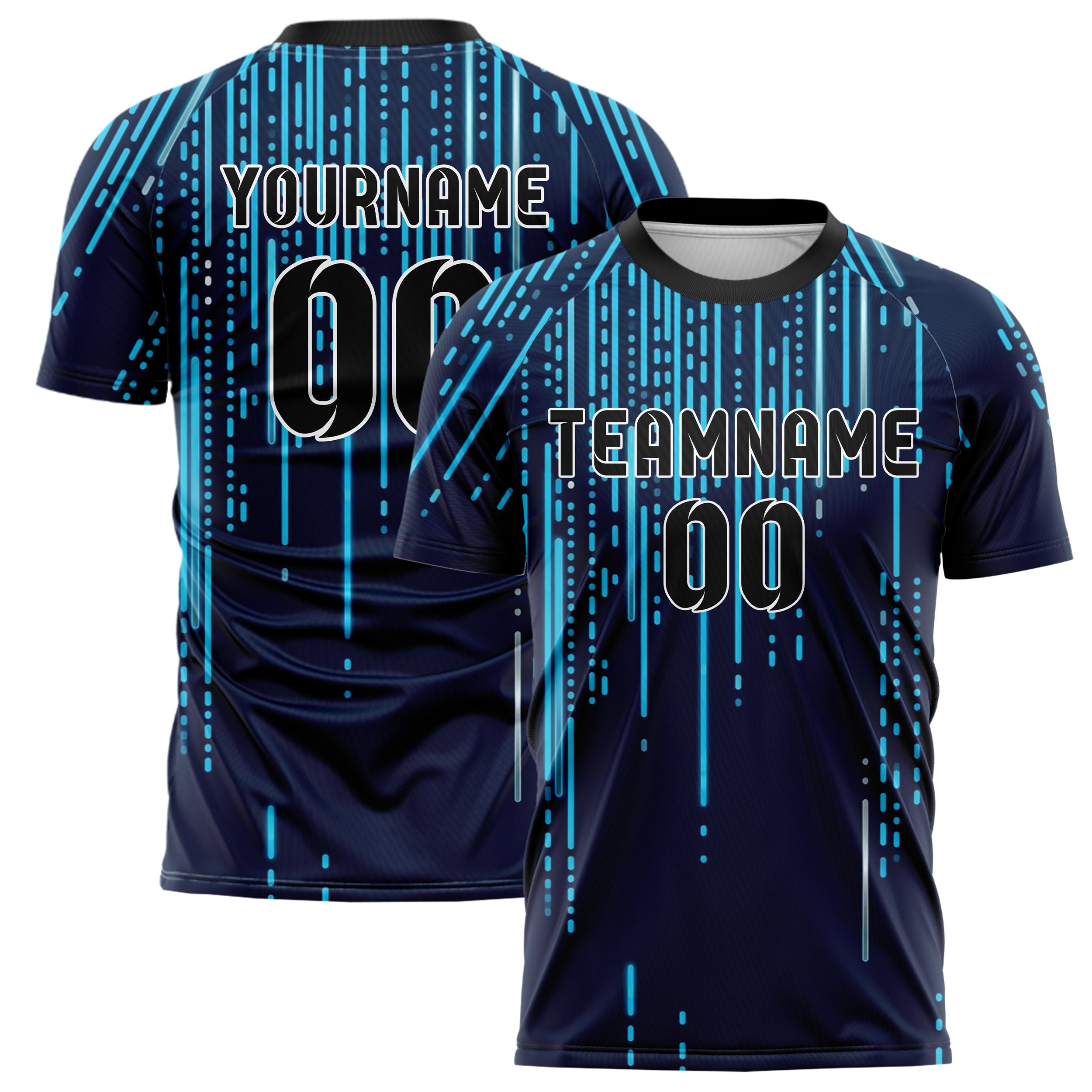 Navy Blue Neon Silver Binary Rain Cascade Custom Soccer Jersey