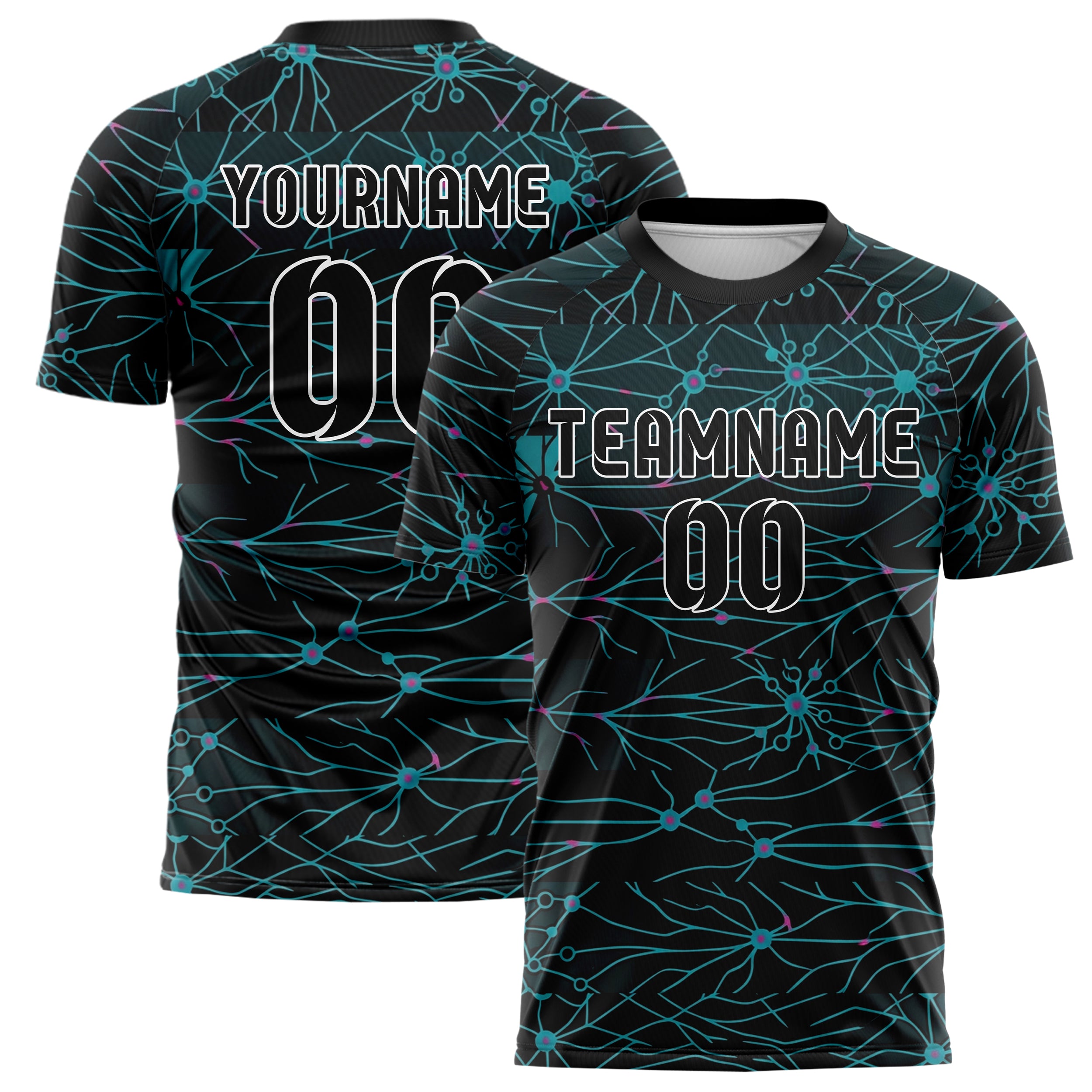 Black Cyan Magenta Neural Network Web Custom Soccer Jersey