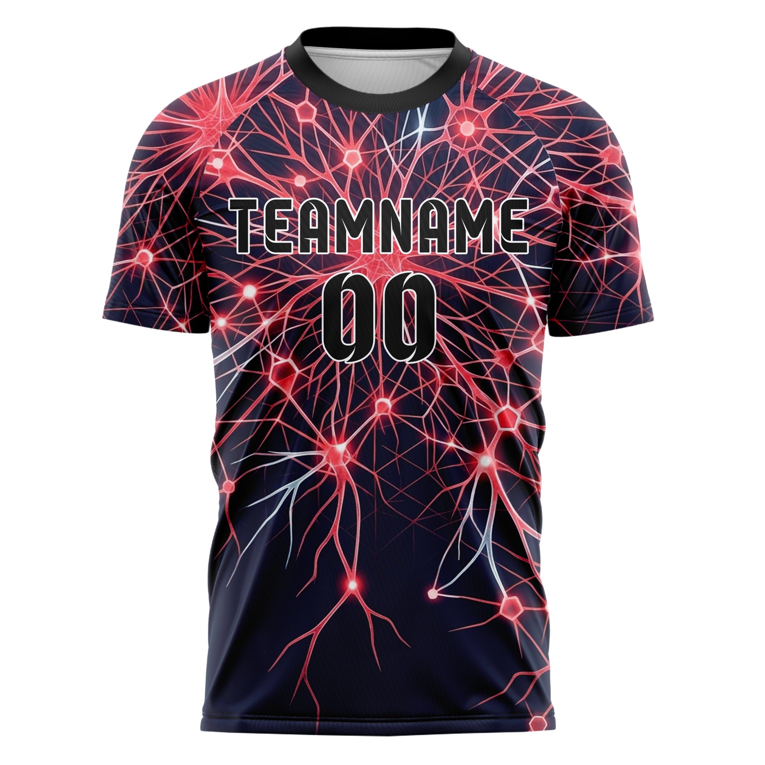 Dark Blue Red Neon Neural Network Web Custom Soccer Jersey