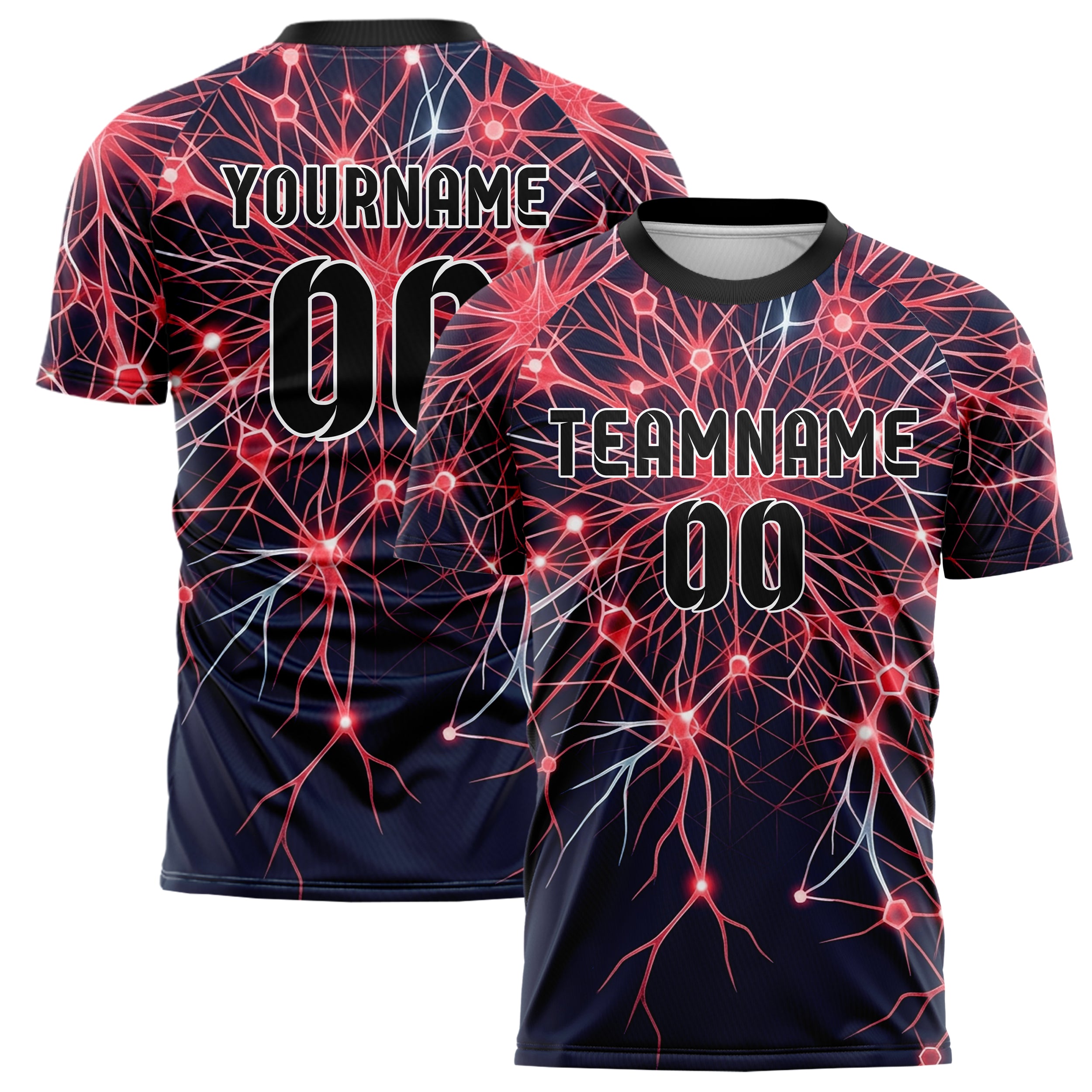 Dark Blue Red Neon Neural Network Web Custom Soccer Jersey