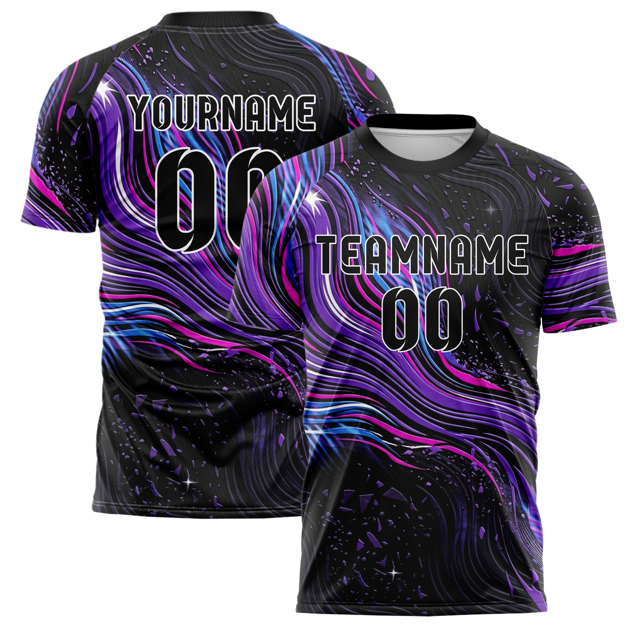 Black UV Purple Electric Blue Magenta White Liquid Light Rave Stream Custom Soccer Jersey