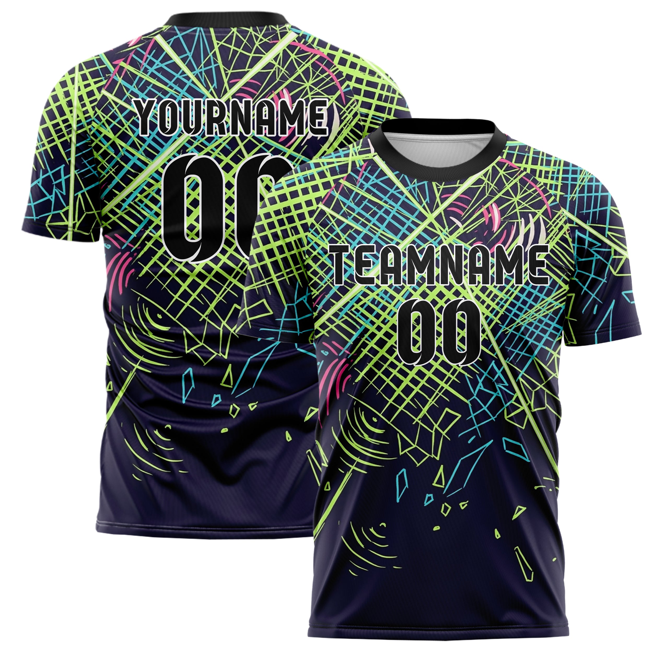 Indigo Acid Lime Cyan Pink White Laserfog Grid Arena Custom Soccer Jersey