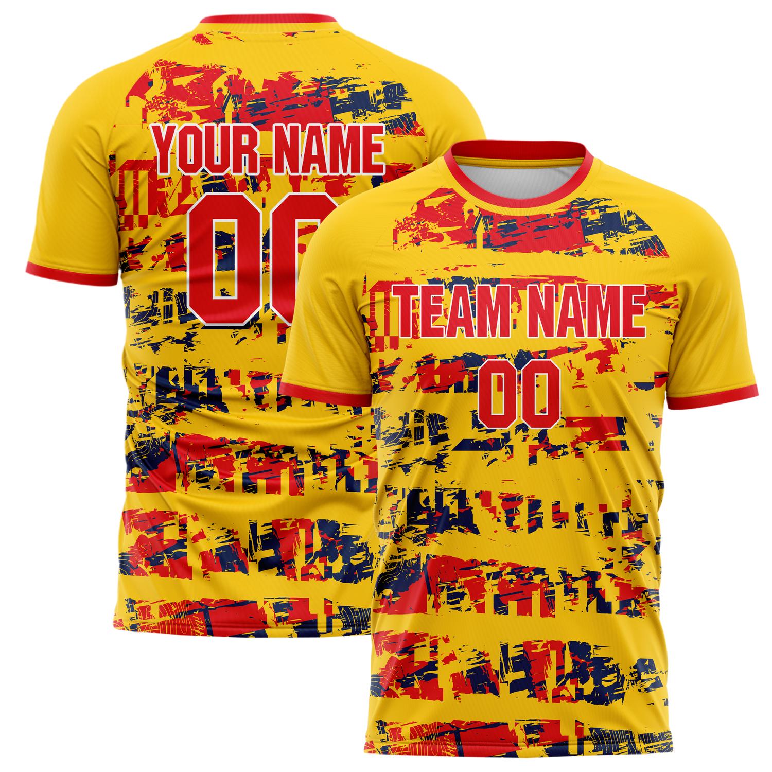 Custom Gold Red Pattern Soccer Jersey FT02240808JC051