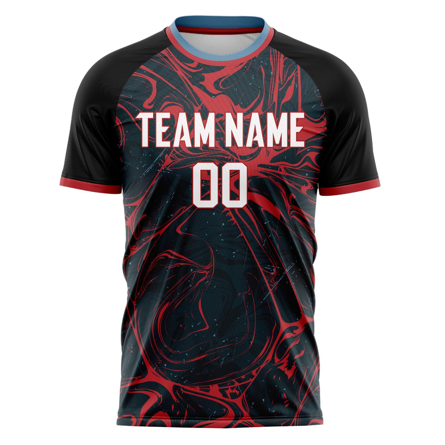 Custom Black Red Pattern Soccer Jersey