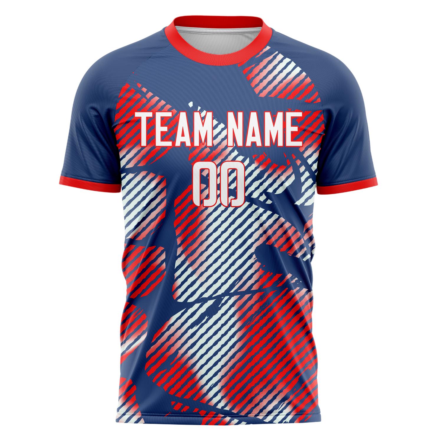Custom Navy Red Pattern Soccer Jersey