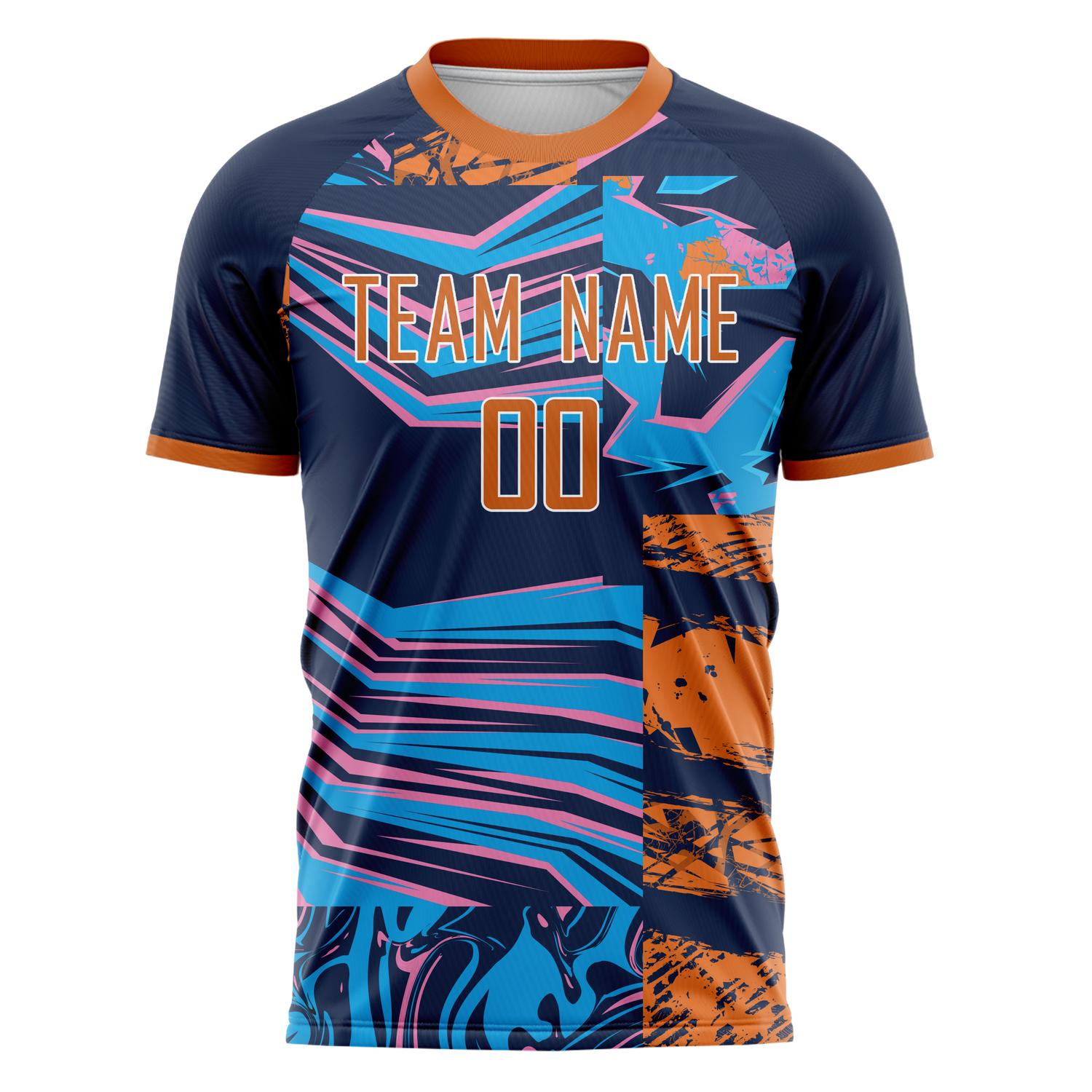 Custom Navy Orange Pattern Soccer Jersey