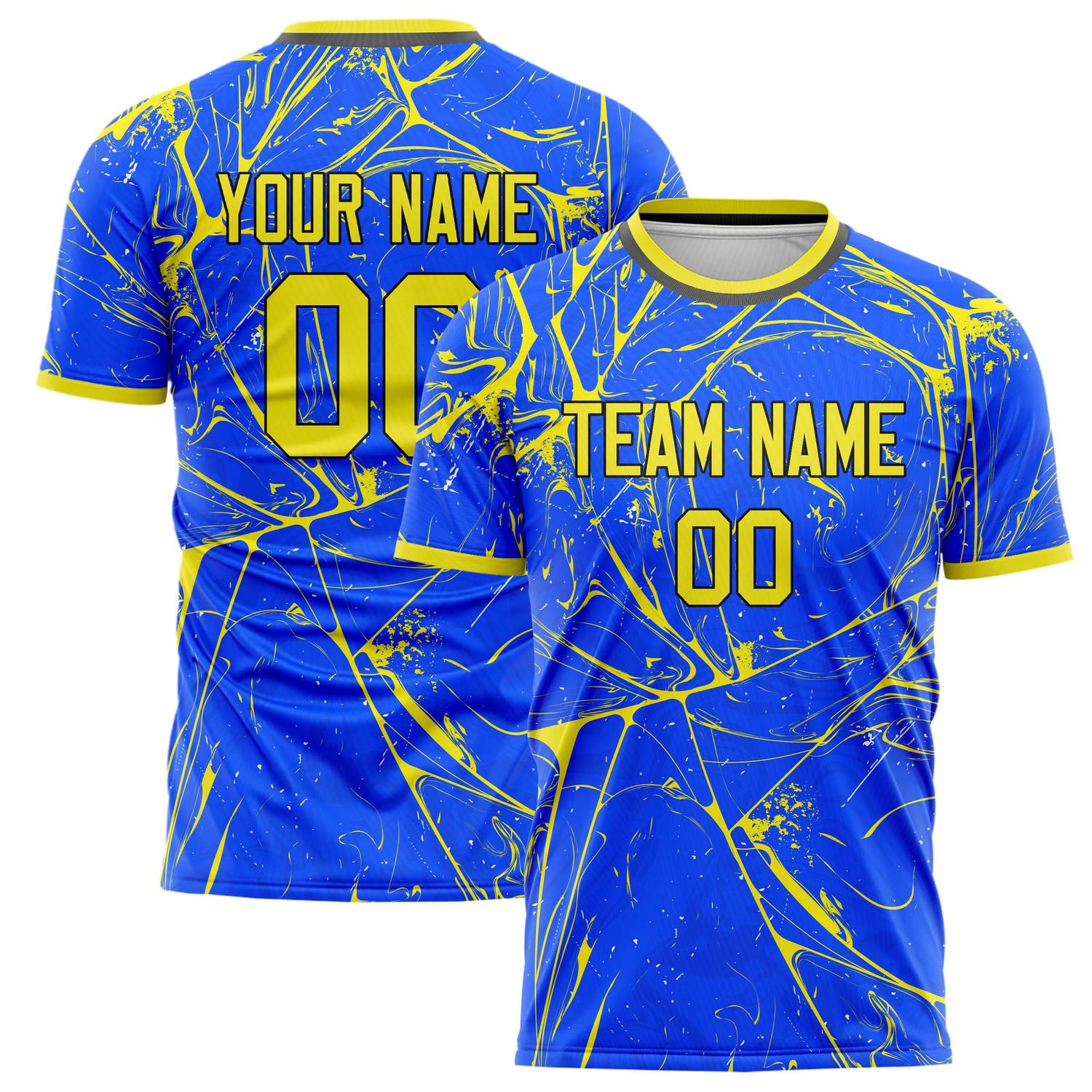 Custom Blue Neon Yellow Pattern Soccer Jersey FT02240808JG063