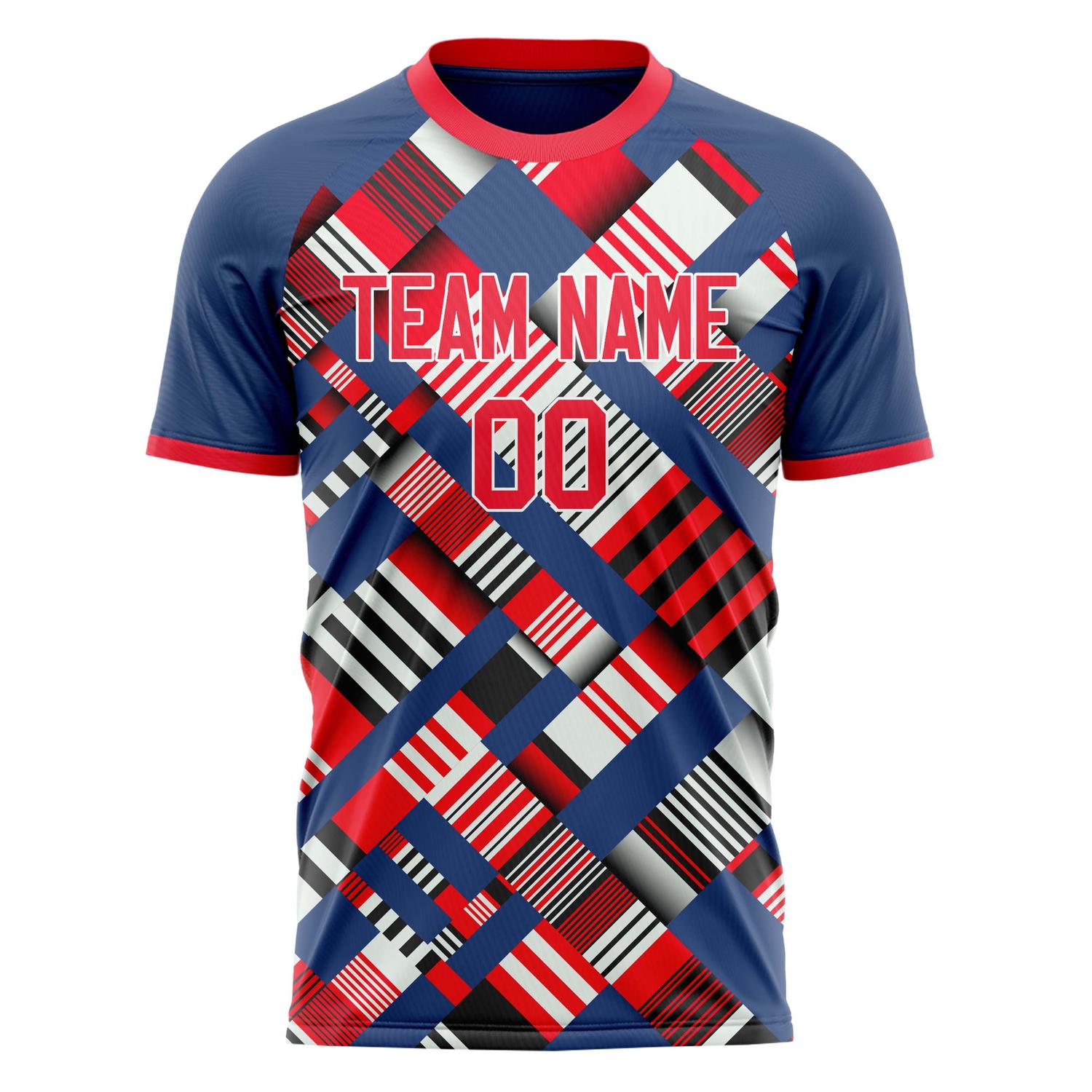 Custom Navy Red Pattern Soccer Jersey