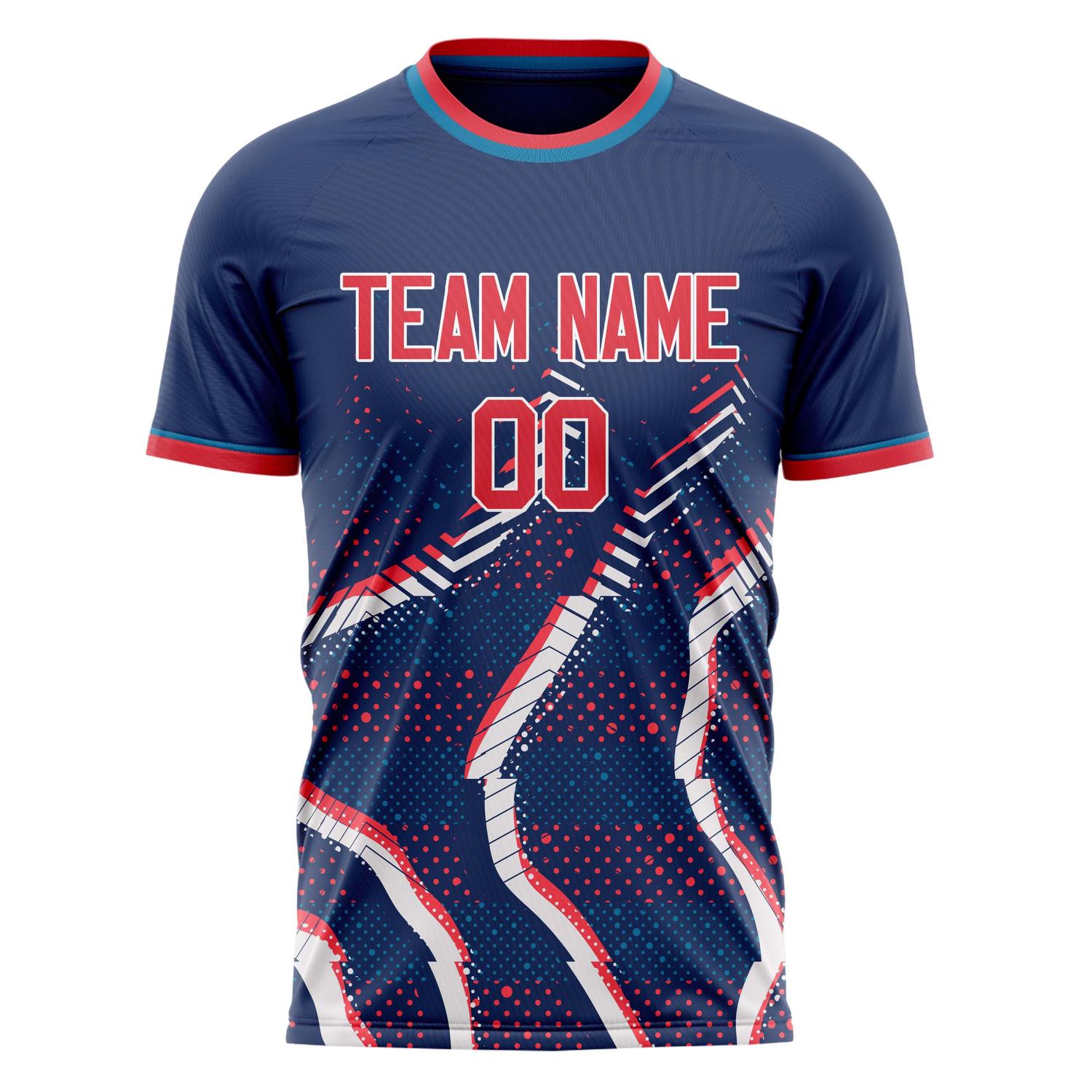 Custom Navy Red Pattern Soccer Jersey