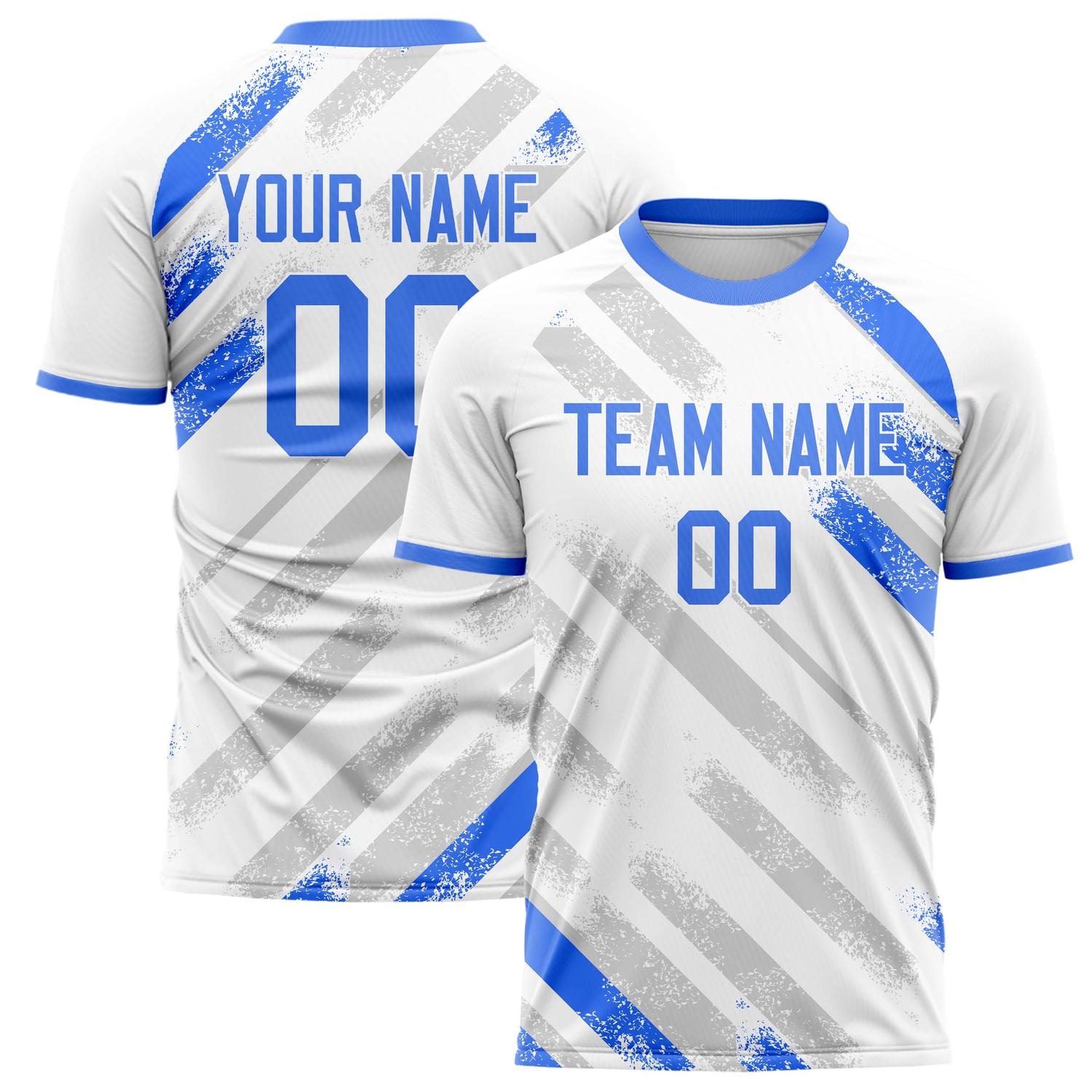 Custom White Blue Pattern Soccer Jersey FT02240808JG075