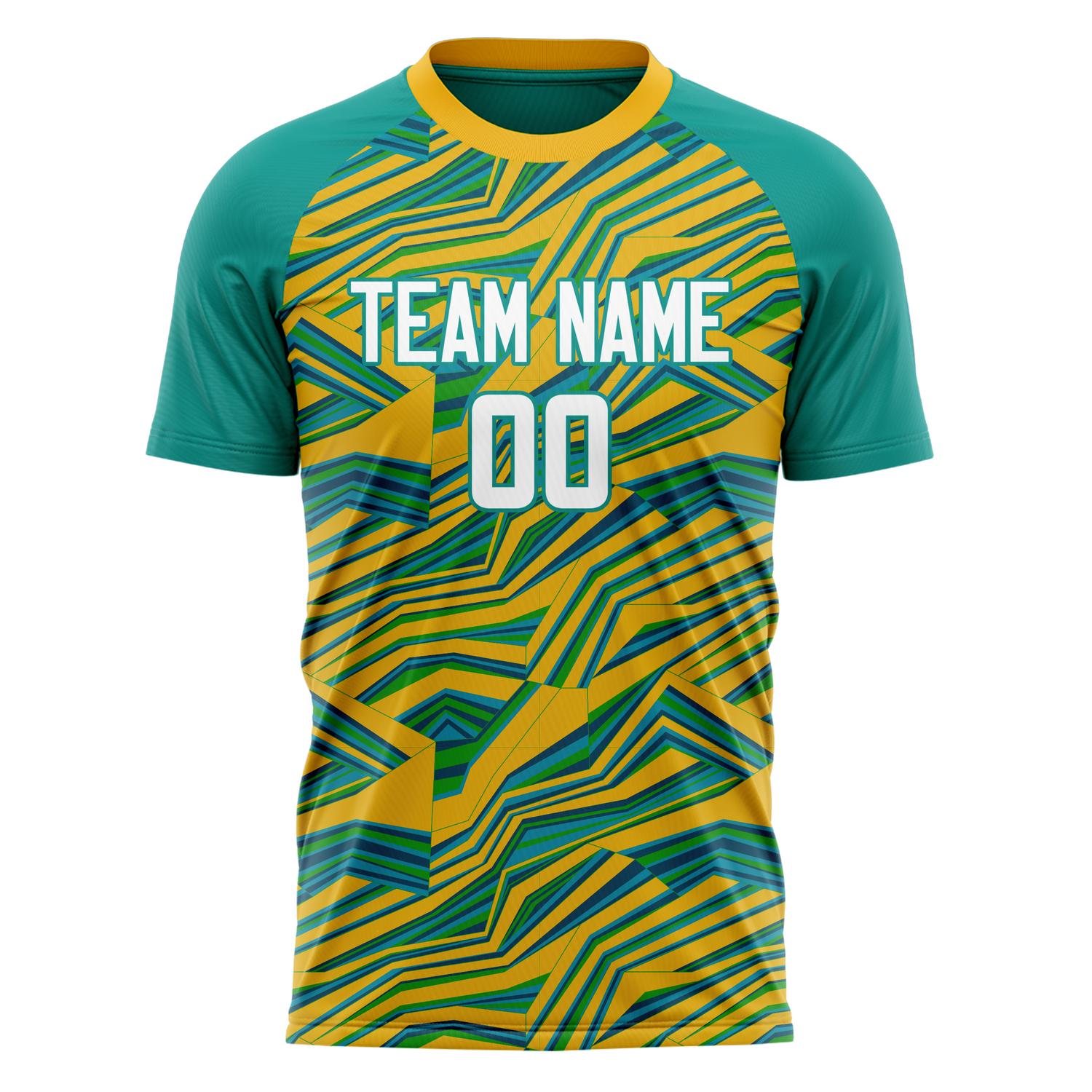 Custom Gold Teal Pattern Soccer Jersey