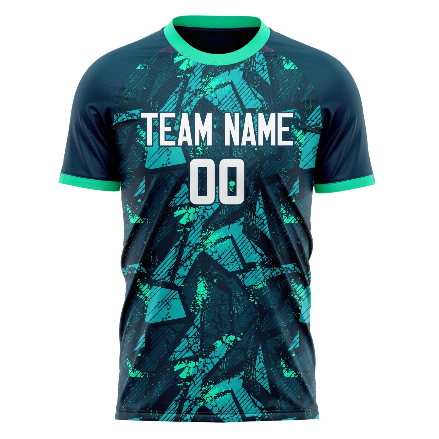 Custom Navy Teal Pattern Soccer Jersey